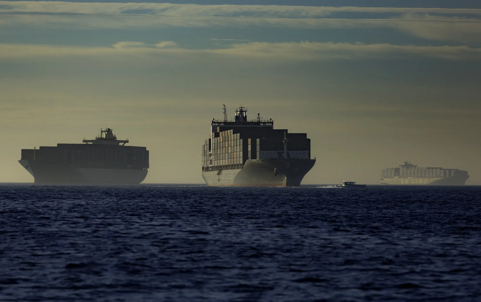 Container ships anchor outside the Port of Los Angeles.