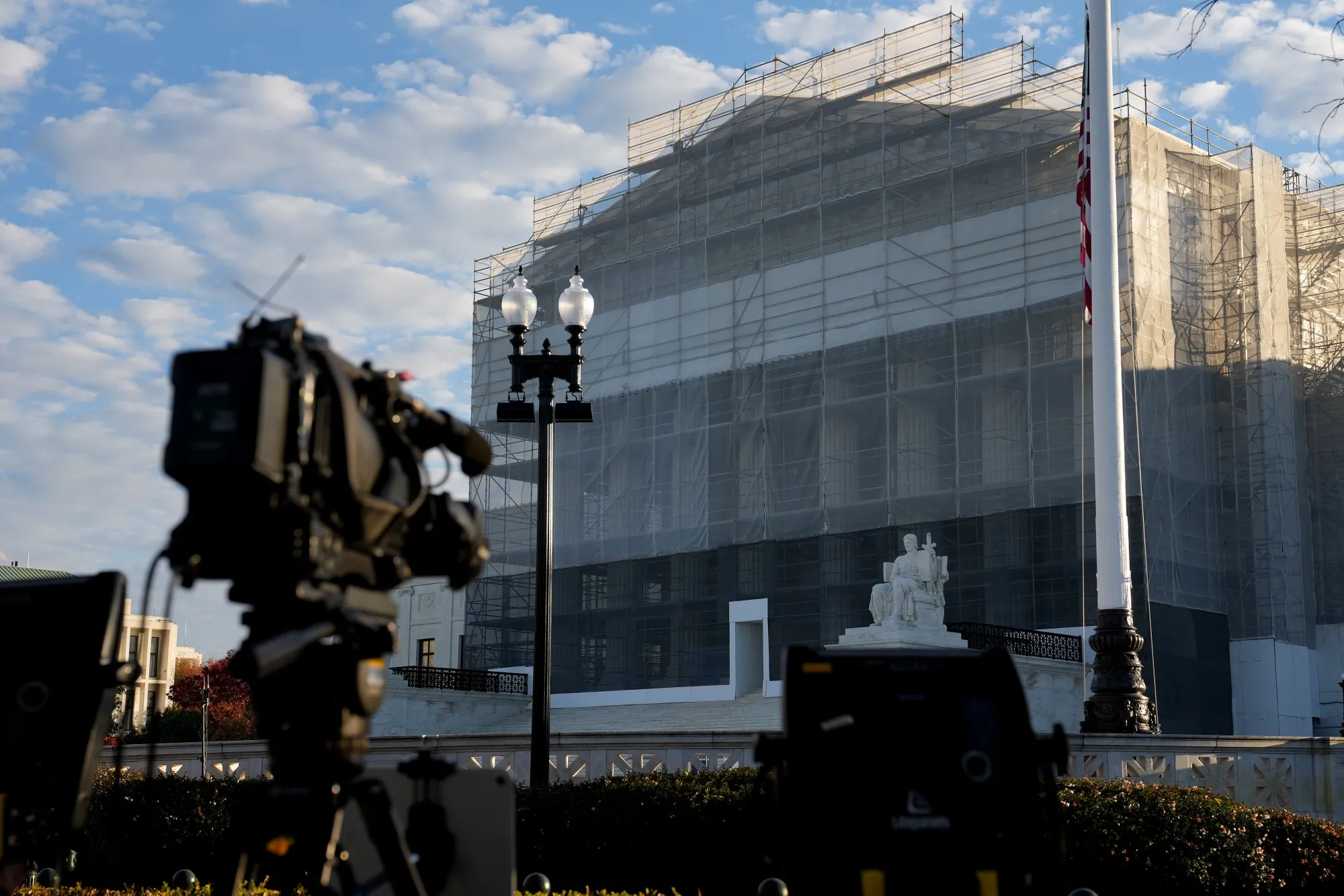 A television camera set up outside the US Supreme Court on November 5.