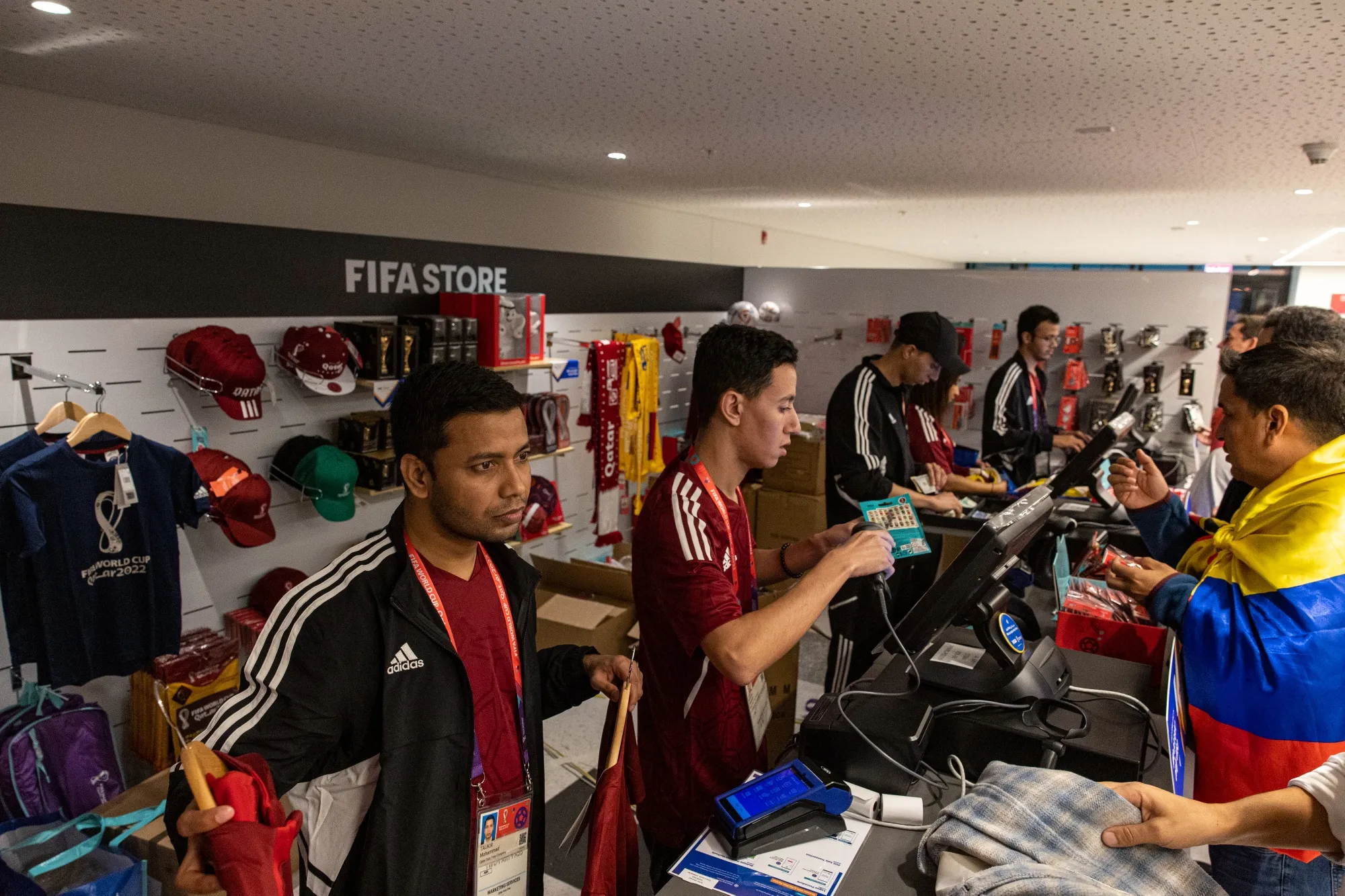 Vendors sell merchandise at a FIFA store during the World Cup in Al Khor, Qatar.