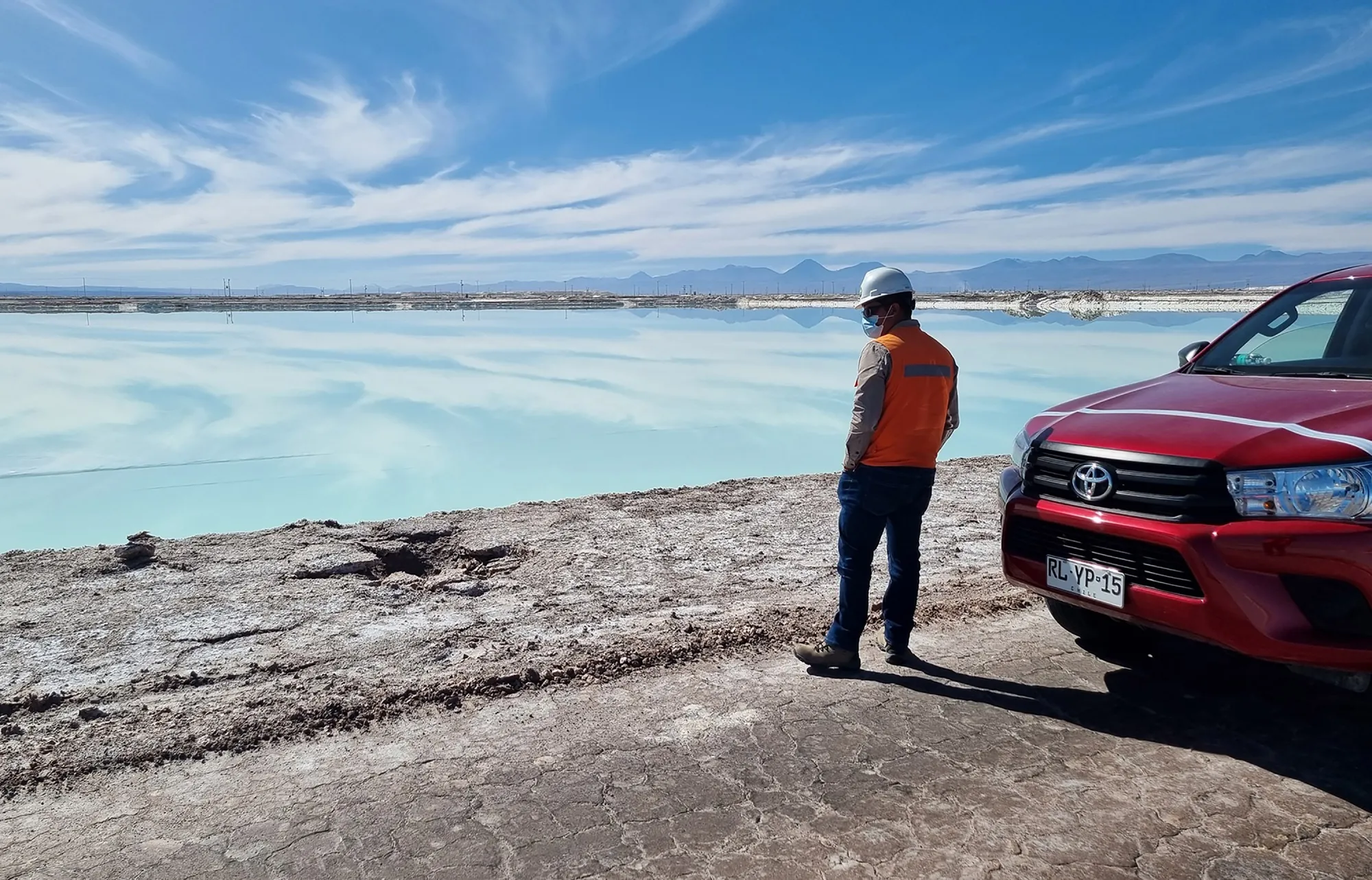 A giant brine evaporation pool in Chile’s Atacama.