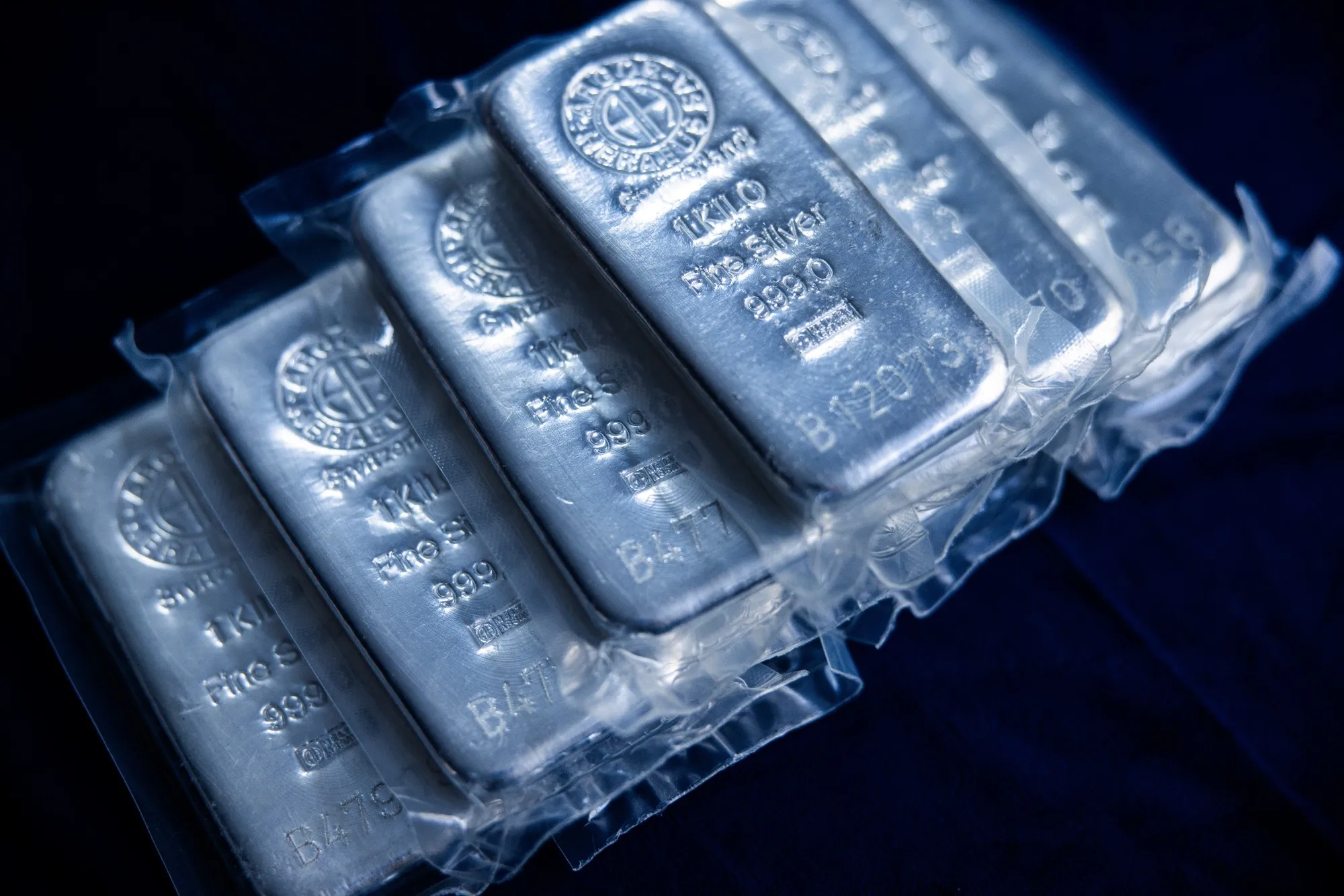 A selection of one kilogram silver bars at a bullion dealer in Budapest, Hungary.