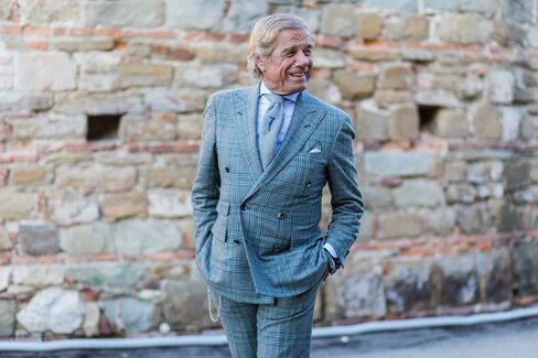 Lino Ieluzzi's more stereotypical "Pitti Peacock" look has been a rare sight at this year's trade show.