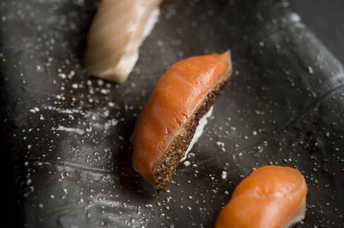 Gently smoked coho salmon at Sushi Nakazawa's new lounge, where you order a few flights of fish a la carte.