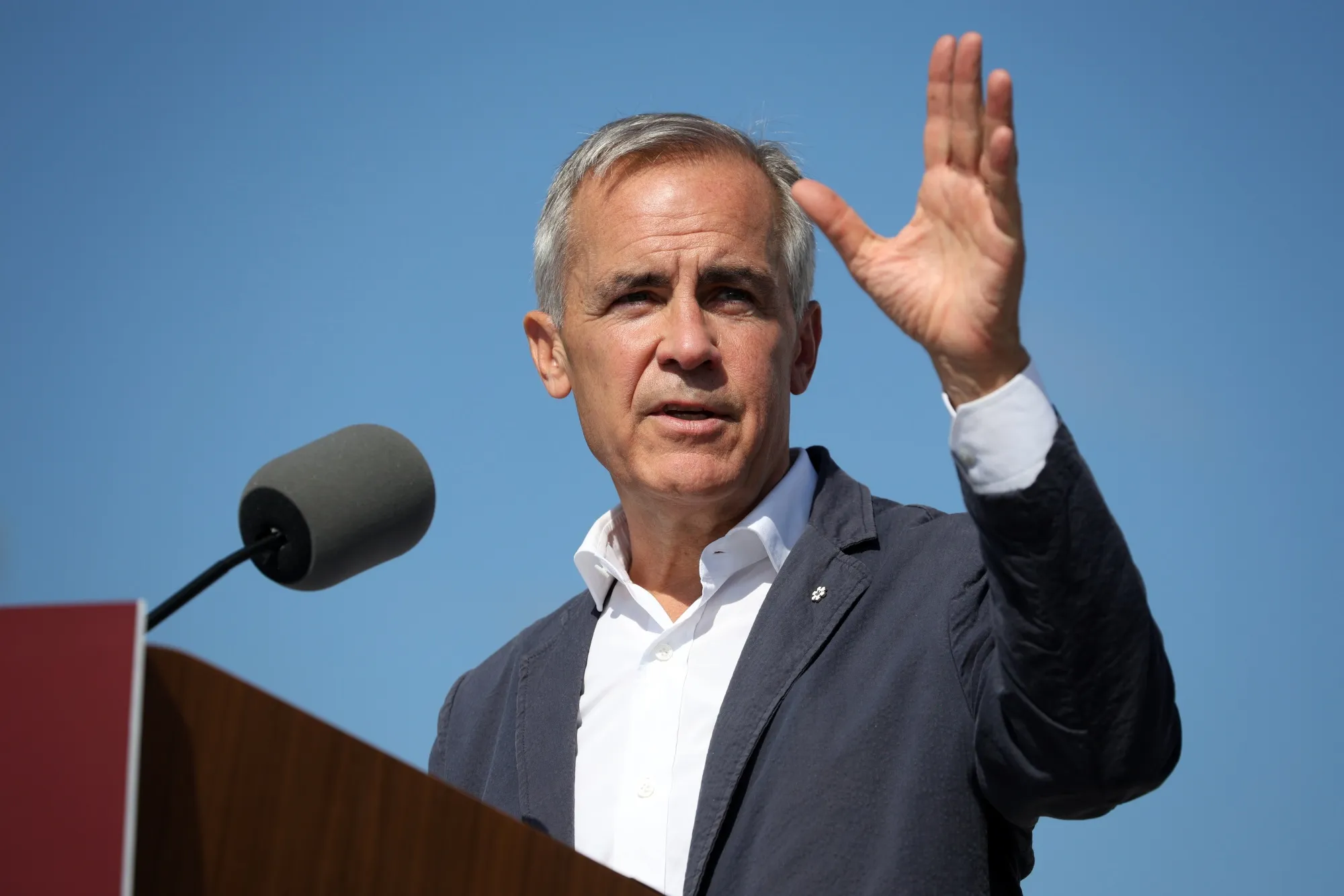 Mark Carney speaks during a news conference outside of a modular housing site in Ottawa, Ontario, Canada, on&nbsp;Sept. 14.