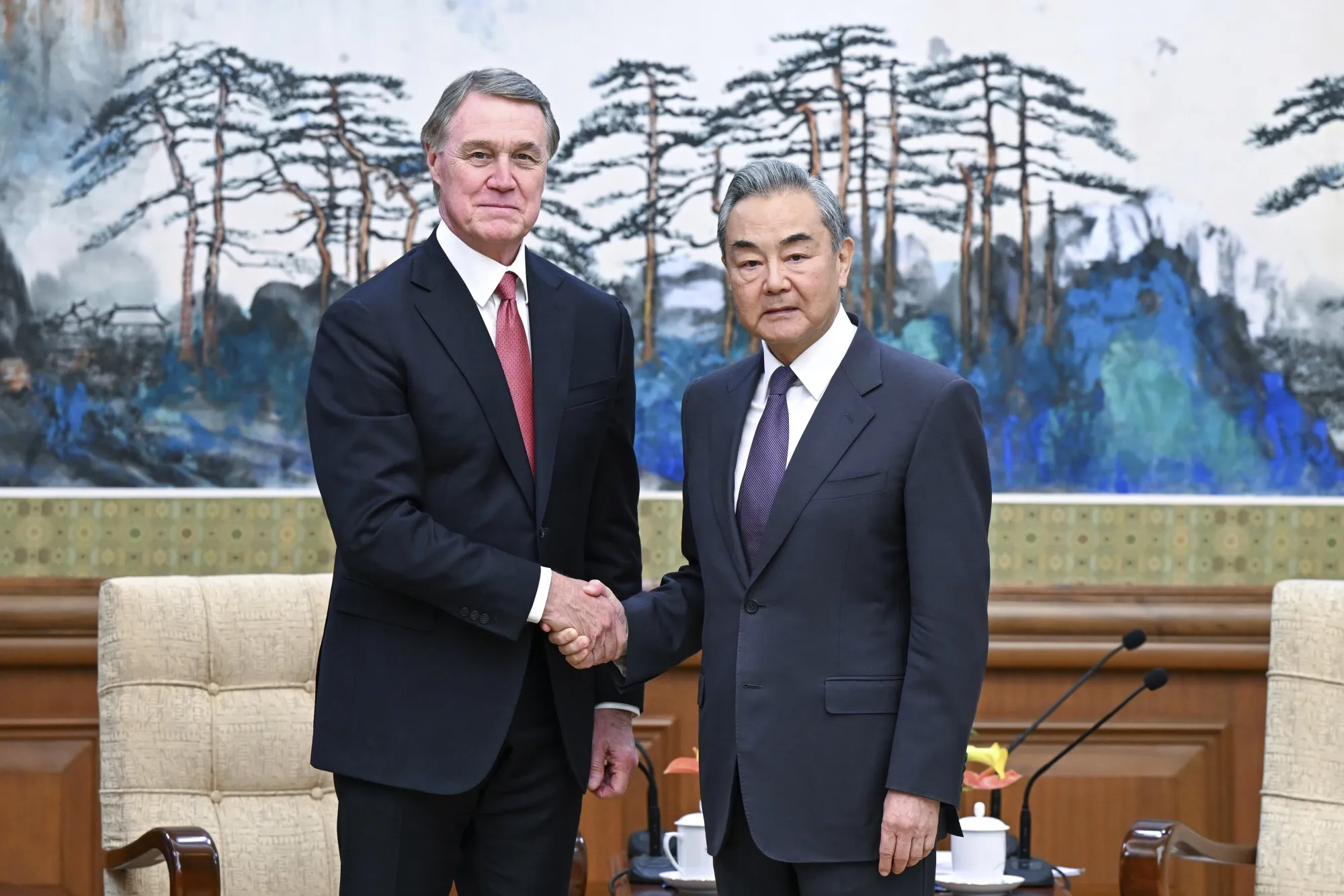 Wang Yi, right, shakes hands with David Perdue in Beijing&nbsp;on June 3.