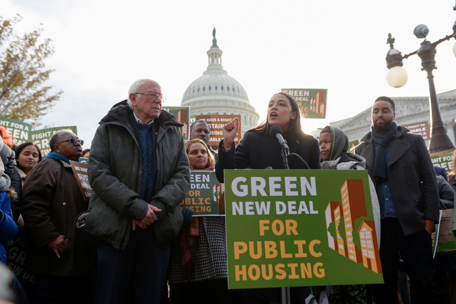 Democratic U.S. presidential candidate Senator Bernie Sanders and Representative Alexandria Ocasio-Cortez announce introduction of public housing legislation as part of the Green New Deal in Washington, November 14, 2019.