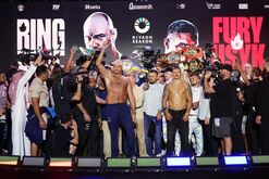 Tyson Fury and Oleksandr Usyk after weighing in ahead of their heavyweight fight in Riyadh, on May 17.