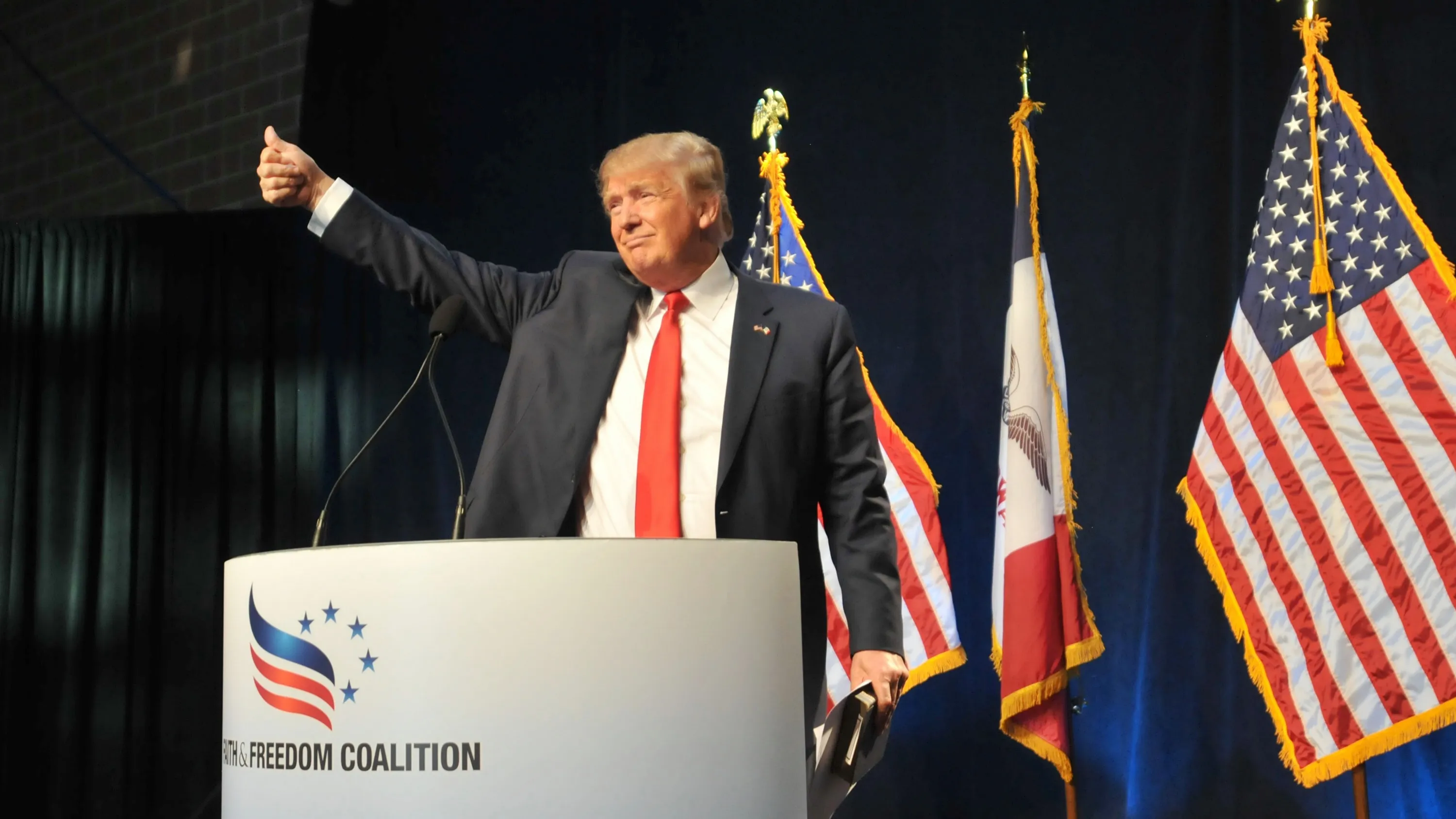 Donald Trump speaks at the Iowa Faith &amp; Freedom Coalition 15th Annual Family Banquet and Presidential Forum held at the Iowa State fairgrounds on Sept. 19, 2015 in Des Moines, Iowa.
