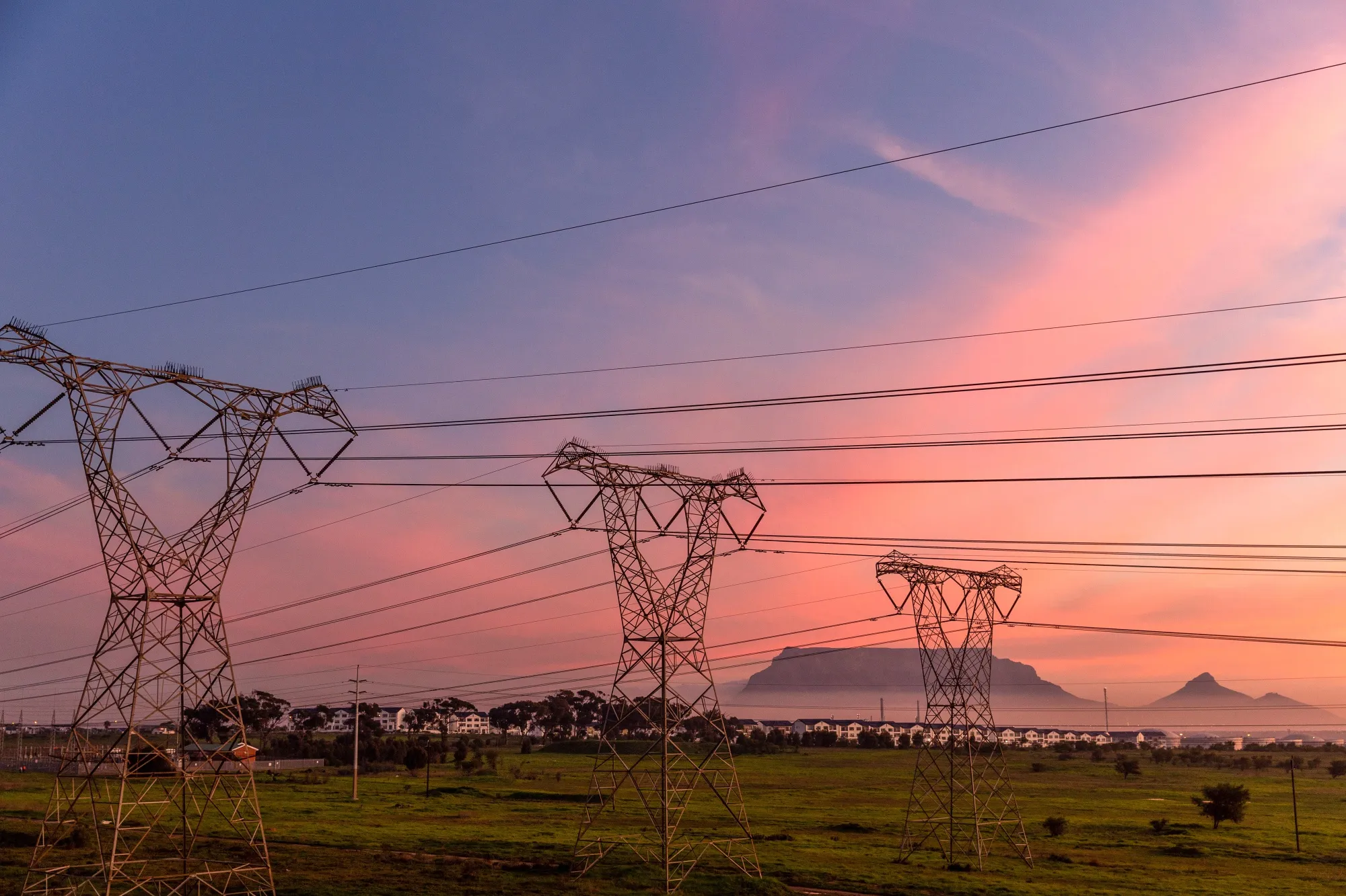 High-voltage electricity transmission towers in Cape Town.
