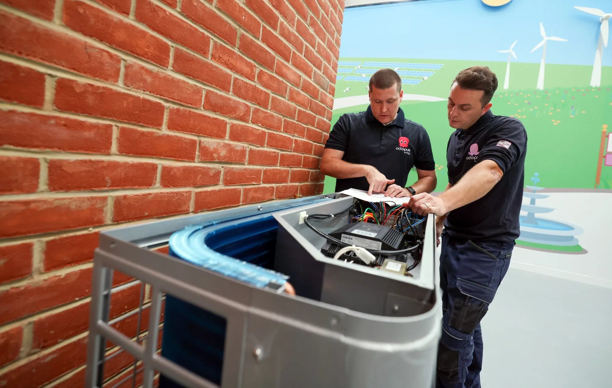 Engineers work on installing an Ecoforest heat pump at the Octopus Energy training and R&amp;D centre in Slough, UK.&nbsp;