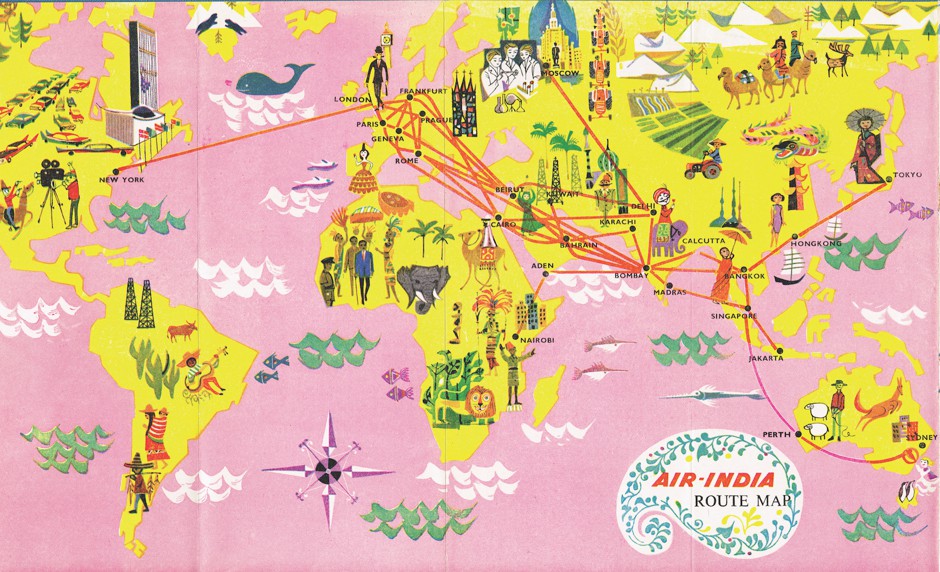 A vivid pink-and-yellow Air India route map from 1962 features a range of animals and stereotypically attired figures, as well as city landmarks such as the UN Building and Big Ben.