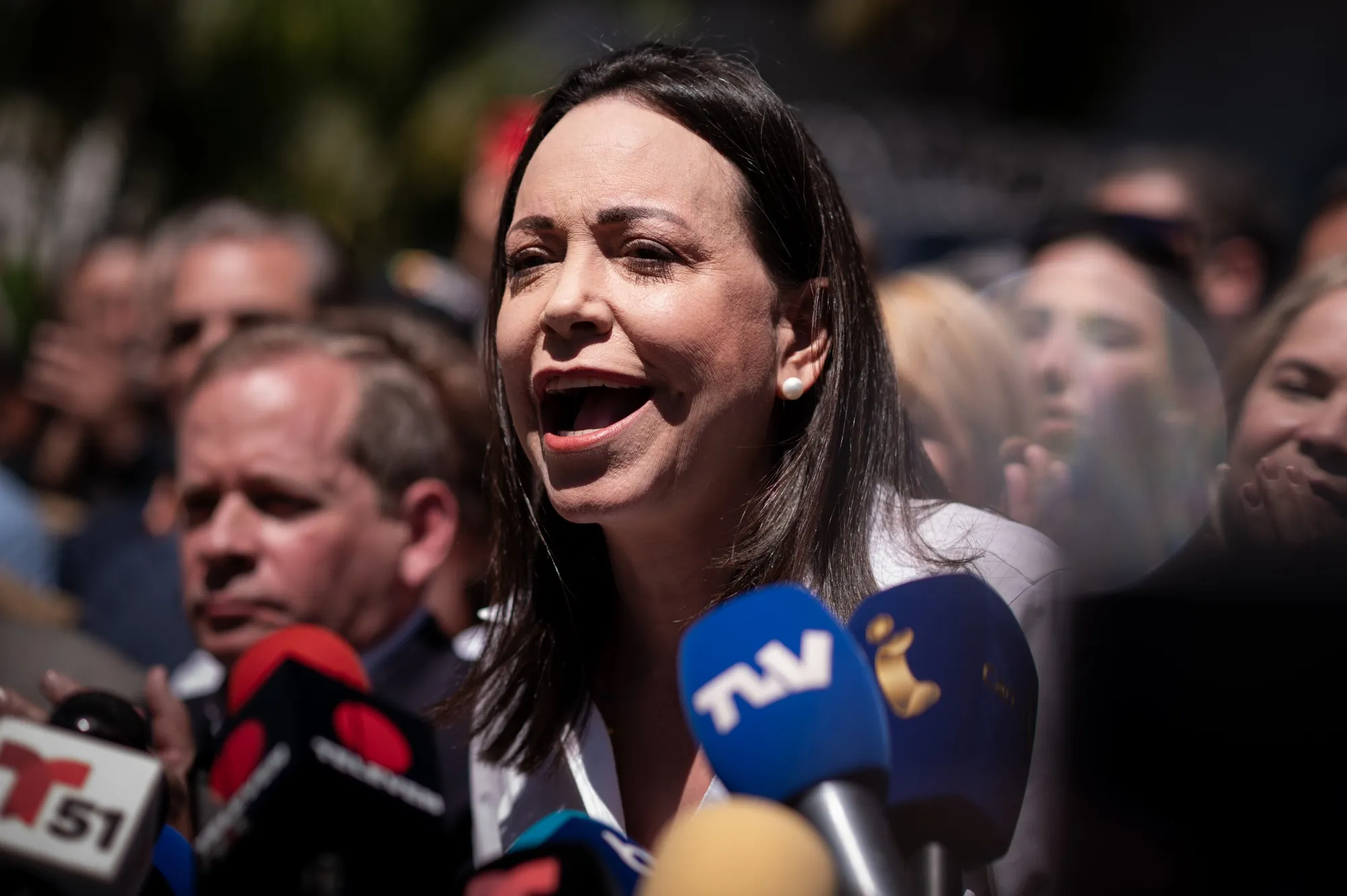 Maria Corina Machado holds a press conference in Caracas on Monday.