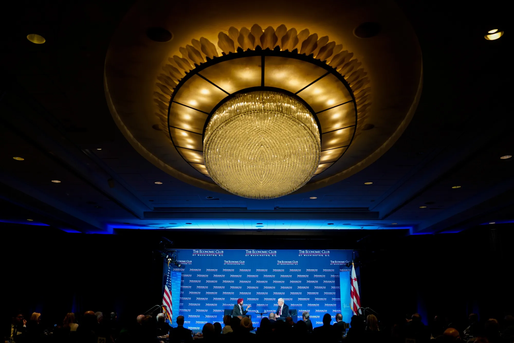 Ajay Banga, president of the World Bank Group, left, and David Rubenstein, co-founder of Carlyle Group Inc., during an Economic Club of Washington event in Washington, DC&nbsp;on March 20.&nbsp;