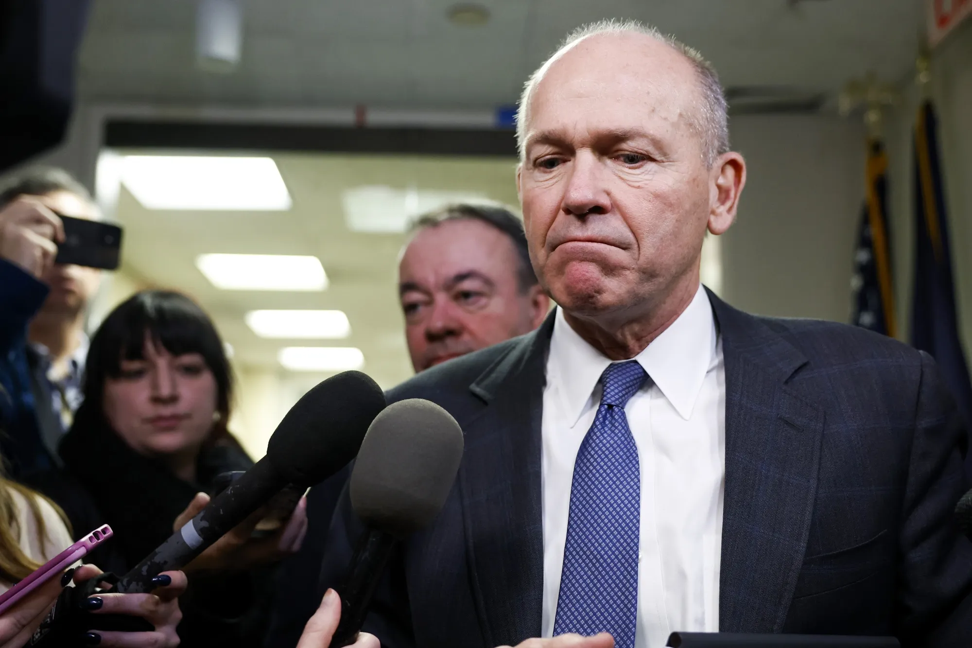Dave Calhoun speaks to reporters as he departs from a meeting&nbsp;on Capitol Hill in Washington, DC on Jan 24.&nbsp;