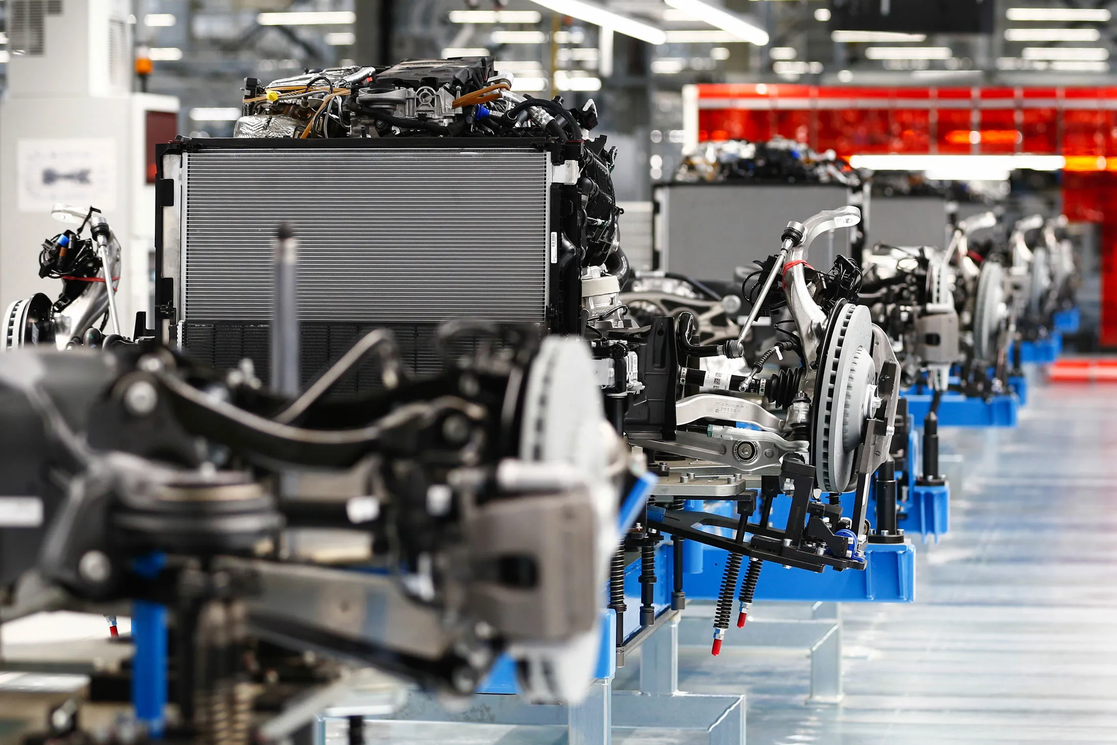 Combustion engines on a Mercedes-Benz assembly line in Germany.