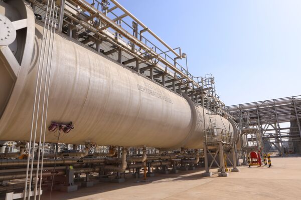 A dehydrator vessel pipe at the Khurais Processing Department in the Khurais oil field in Khurais, Saudi Arabia, on Monday, June 28, 2021. 