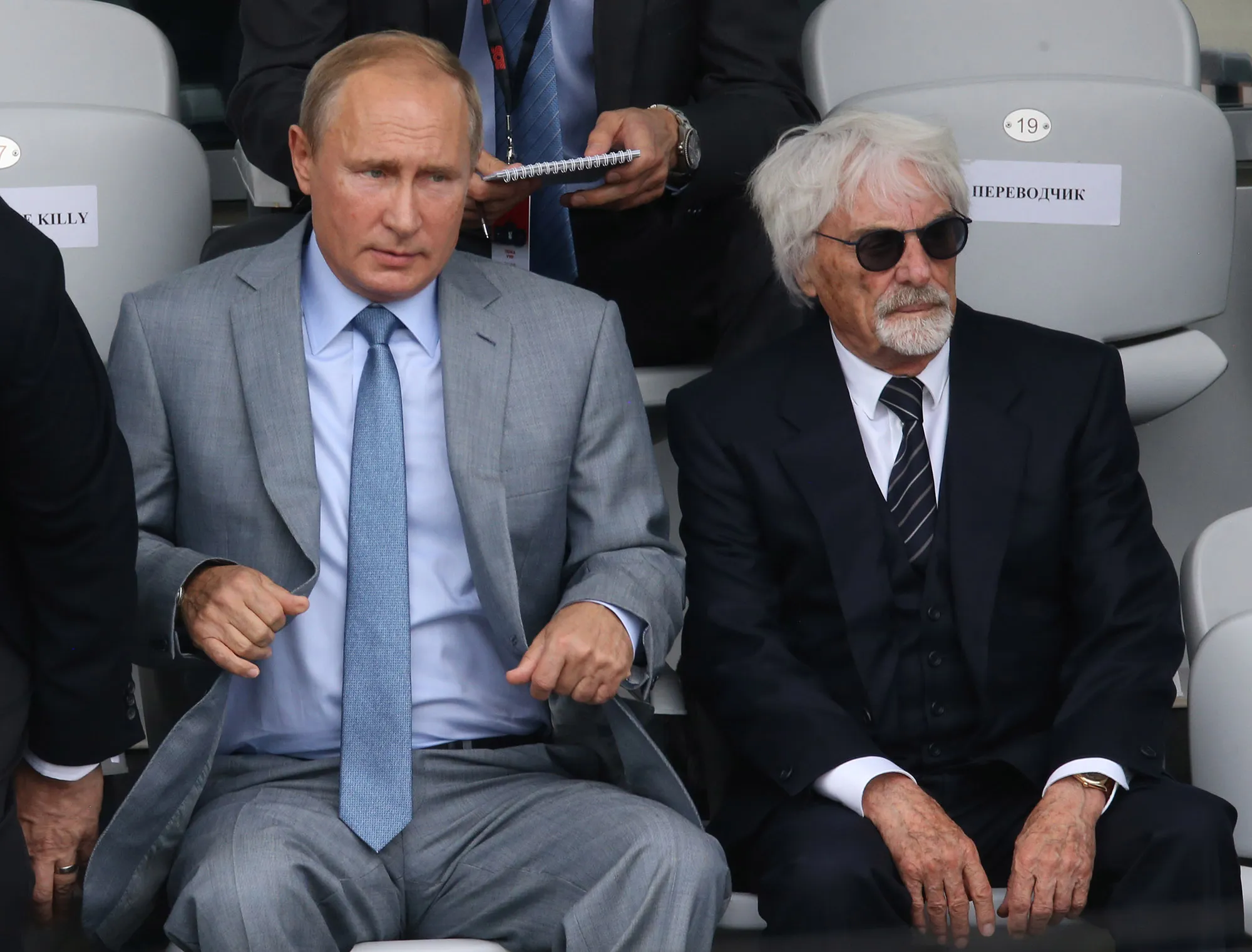 Vladimir Putin and Bernie Ecclestone watch the final of Formula 1 2018 VTB Grand Prix in Sochi.
