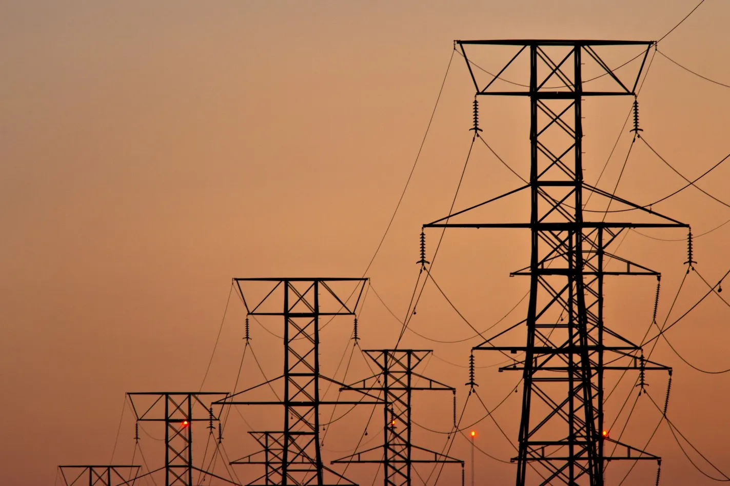 Power transmission lines are suspended from electricity pylons.