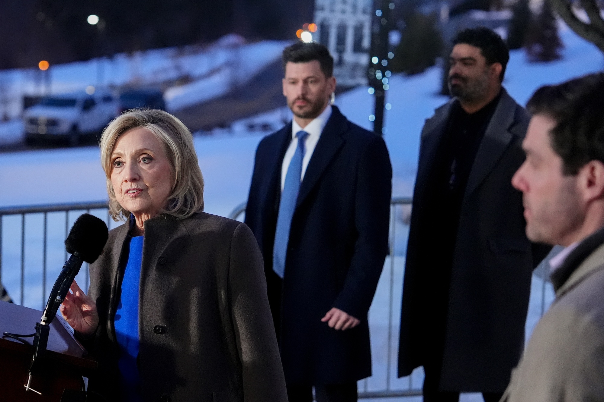 Hillary Clinton, former US secretary of state, speaks to members of the media outside the Chappaqua Performing Arts Center in Chappaqua, New York, US, on Thursday, Feb. 26, 2026. Clinton said she denied any association with disgraced financier Jeffrey Epstein during a