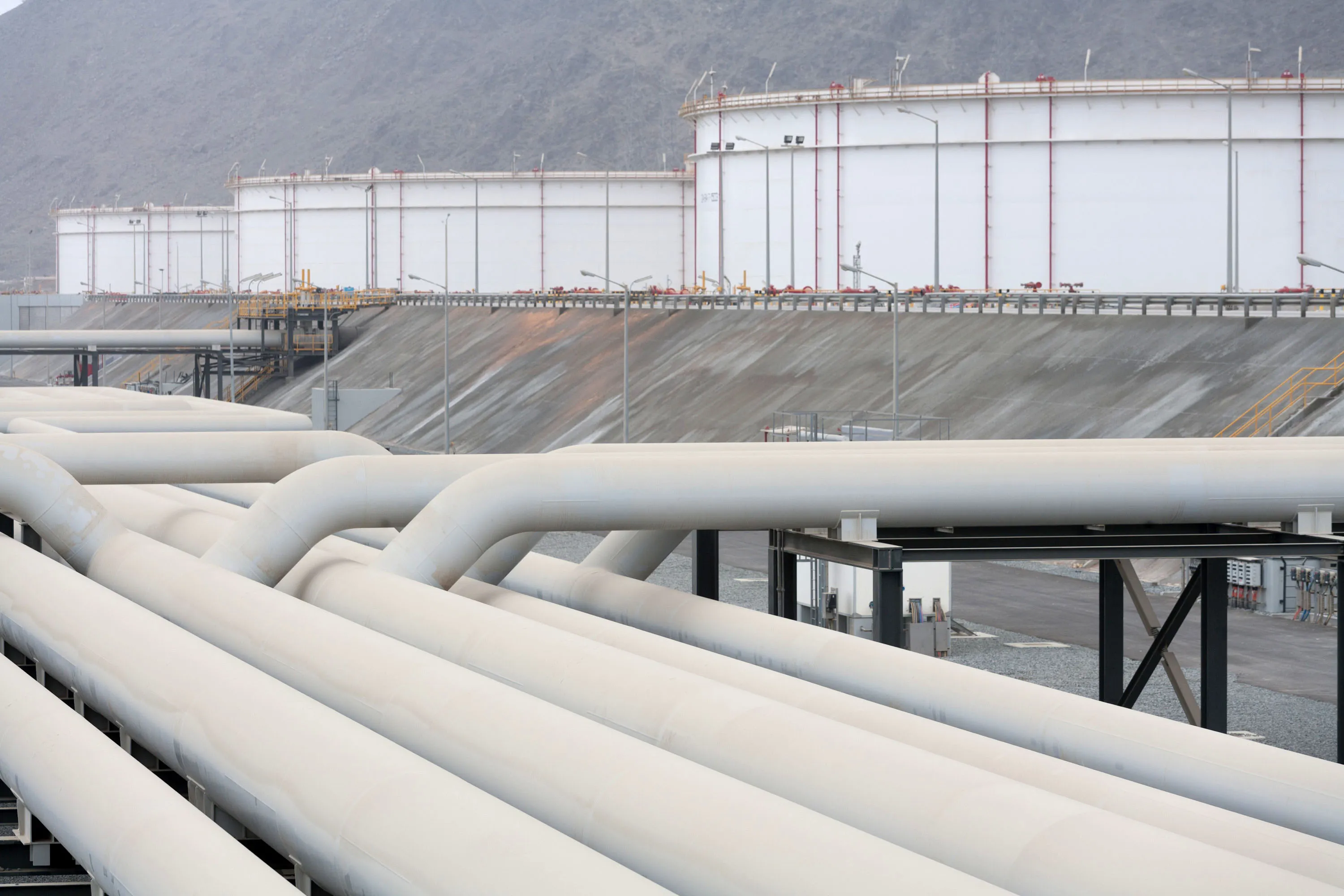 Oil transfer pipes and storage silos, part of the Abu Dhabi Crude Oil Pipeline, in Fujairah, United Arab Emirates.