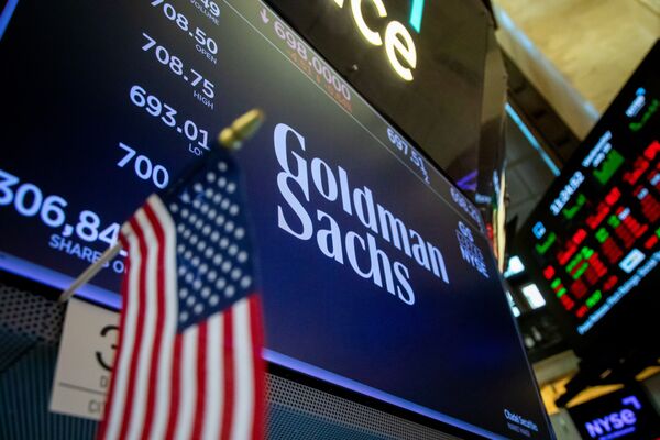 Goldman Sachs signage on the floor of the New York Stock Exchange.
