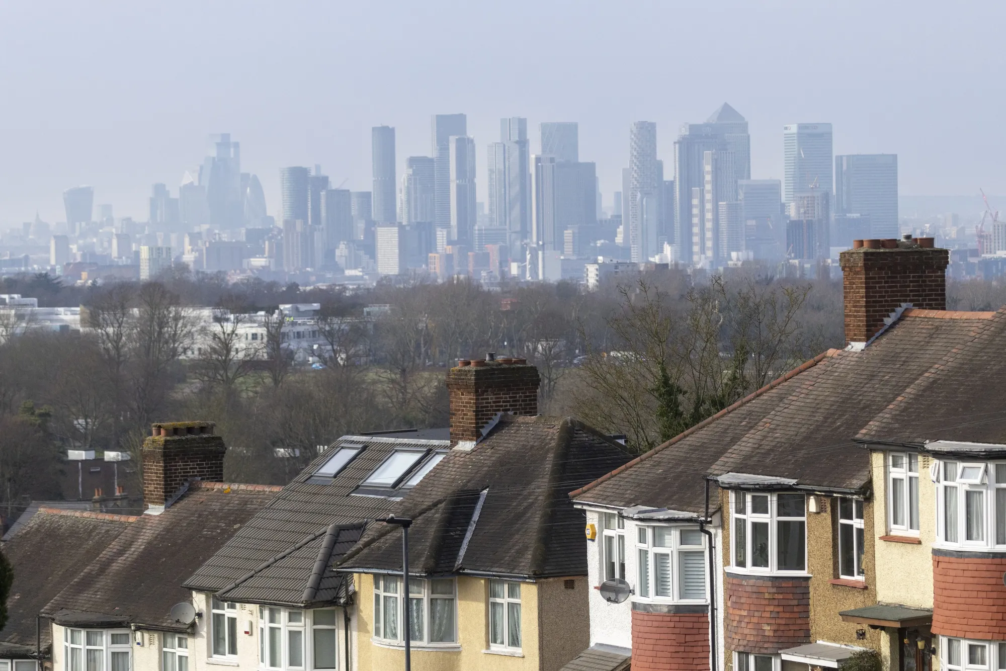 Residential homes in view of Canary Wharf district, in London.