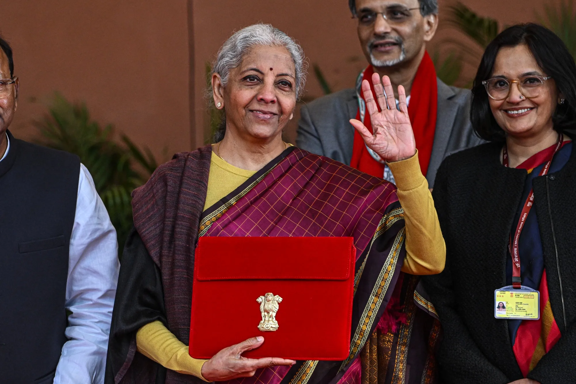 Nirmala Sitharaman, India’s finance minister, center, in New Delhi on Feb. 1, 2026., before the budget speech.