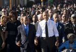 Barack Obama walks with John Lewis across the Edmund Pettus Bridge to mark the 50th Anniversary of the Selma to Montgomery civil rights marches in Selma, Alabama, March 7, 2015.&nbsp;
