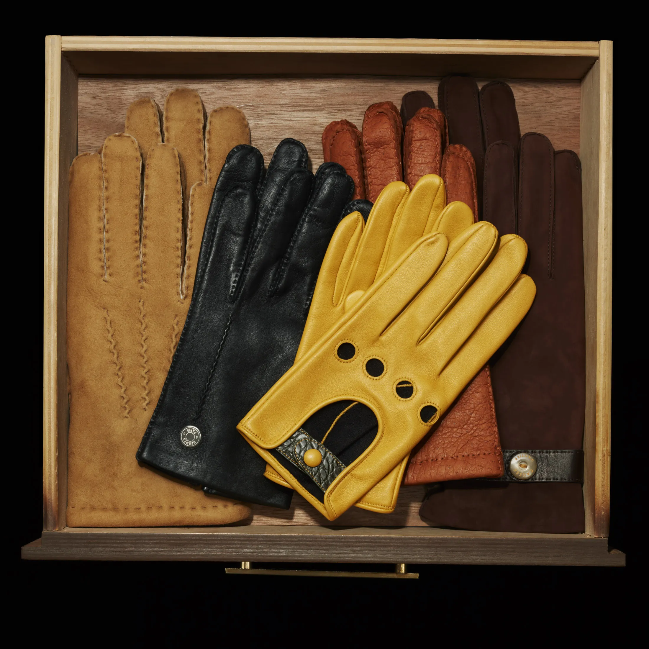 From left: Gloves by Dents, Hermès, Lavabre Cadet, Hestra, Causse Gantier.