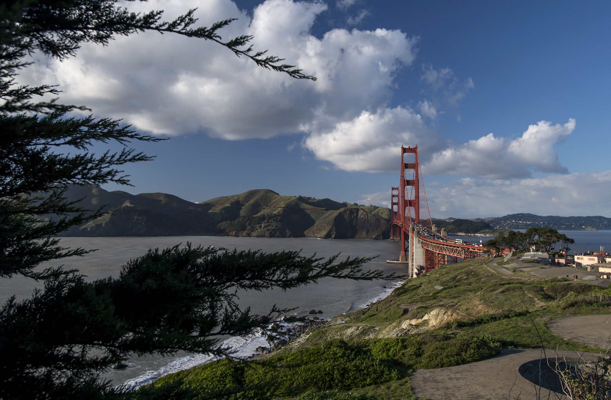The Golden Gate Bridge stands in San Francisco.