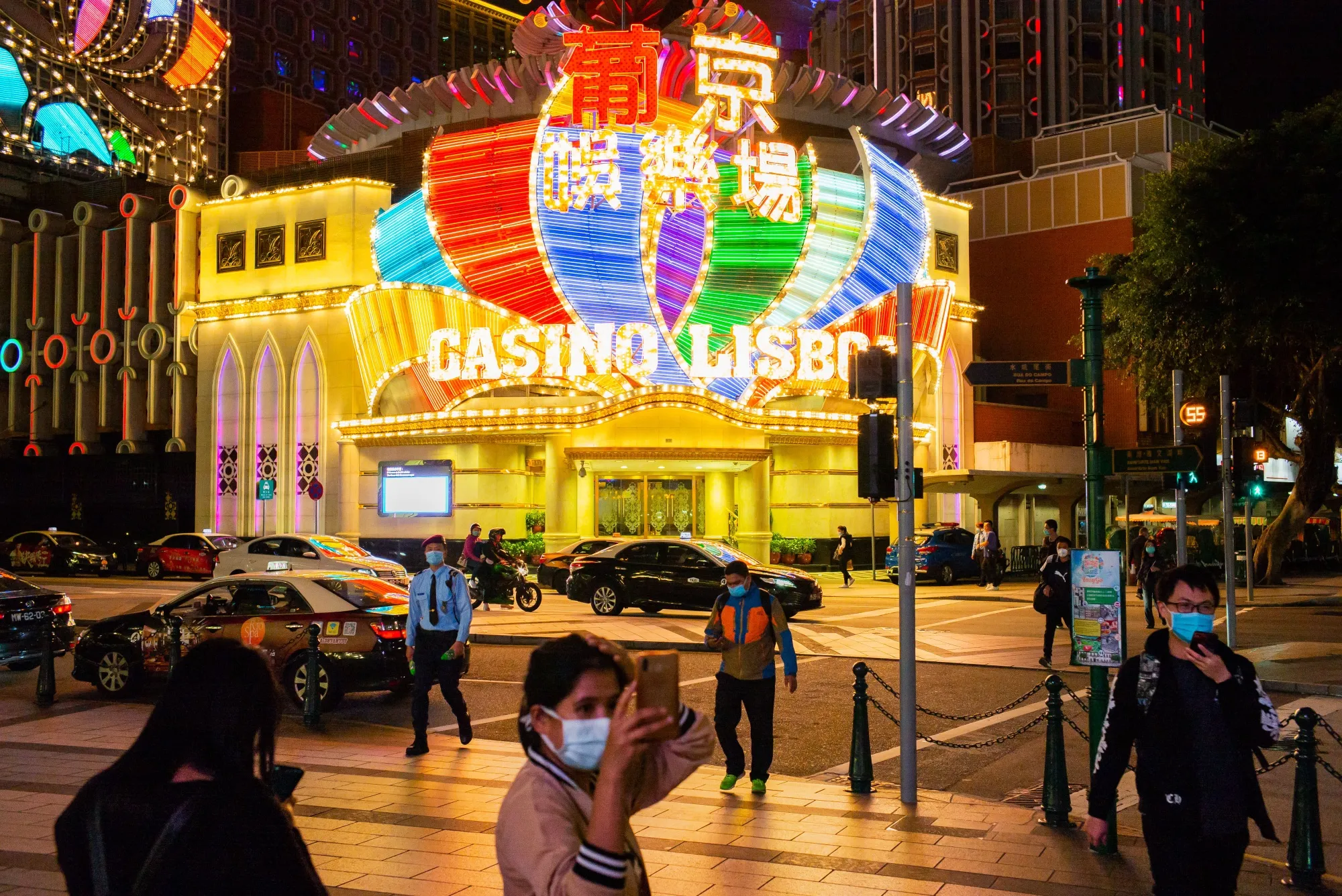 Casino Lisboa at night in Macau, China.