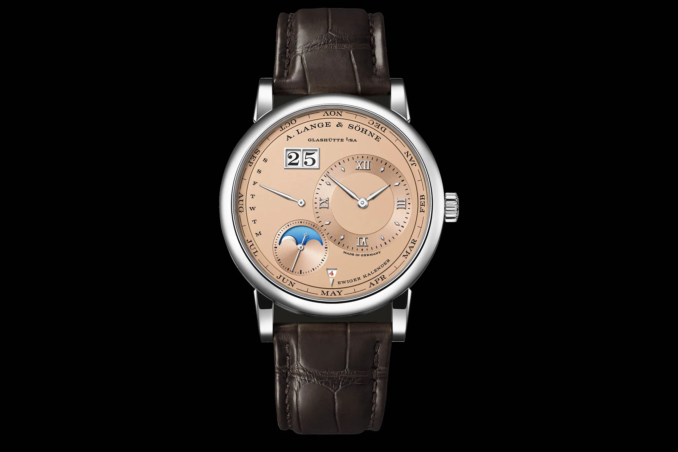 New Lange 1 perpetual calendar&nbsp;in white gold with a solid pink gold dial comes in an edition of 150.