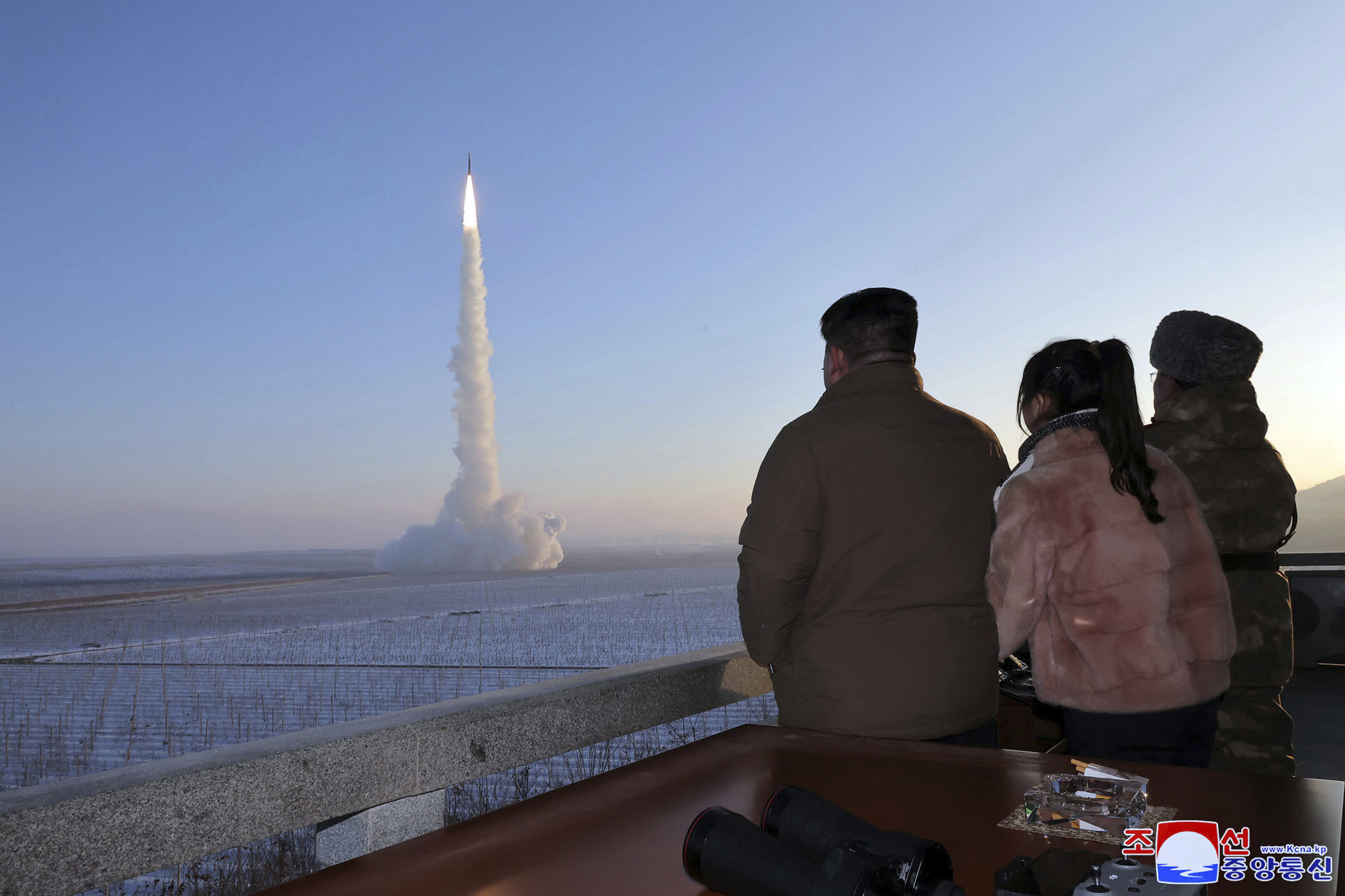 Kim Jong Un and his daughter watch what North Korea says is the launch of an intercontinental ballistic missile, in an undisclosed location in North Korea. Source: Korean Central News Agency&#x2F;Korea News Service&#x2F;AP