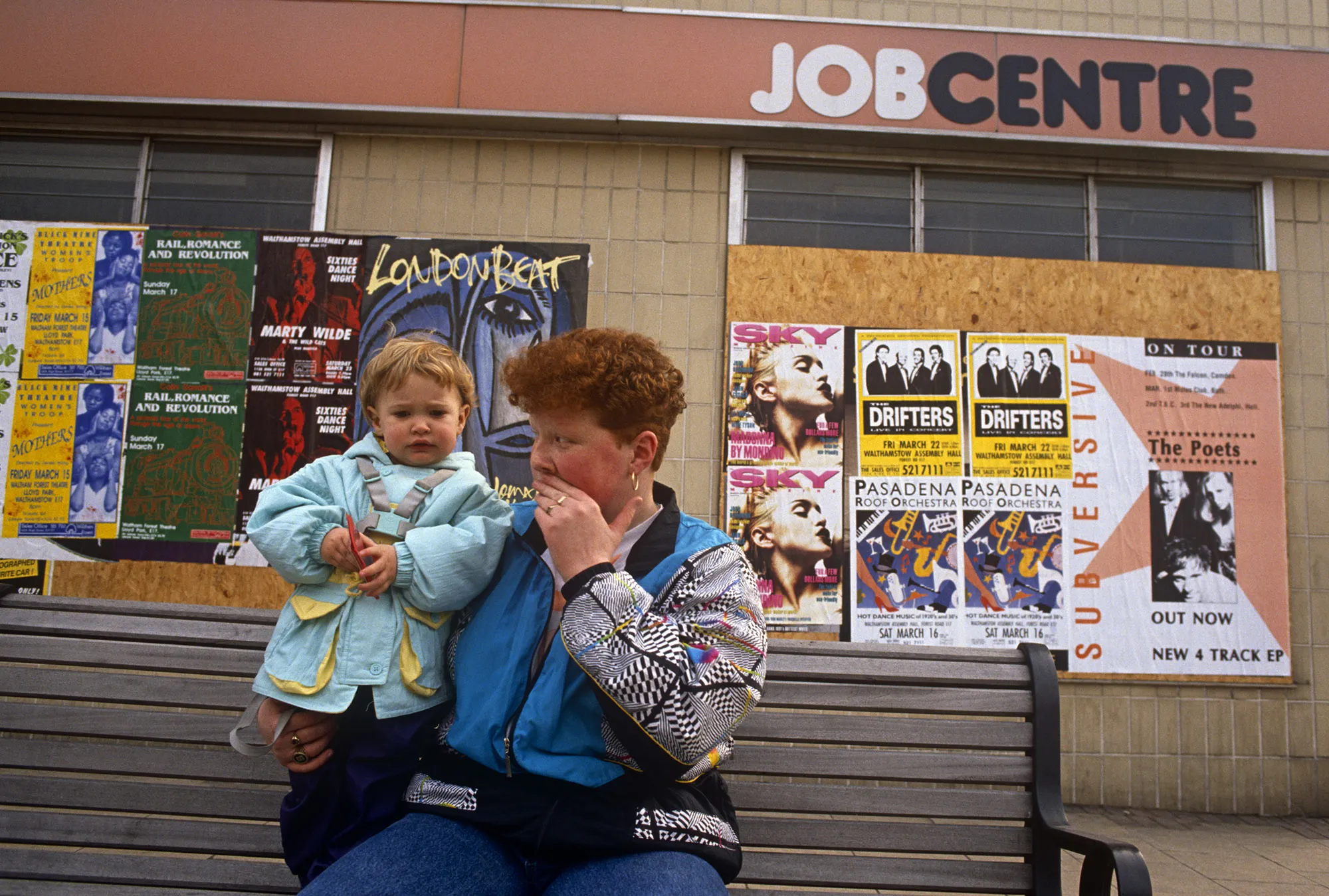 A young mother outside a closed Job Centre in 1991.&nbsp;
