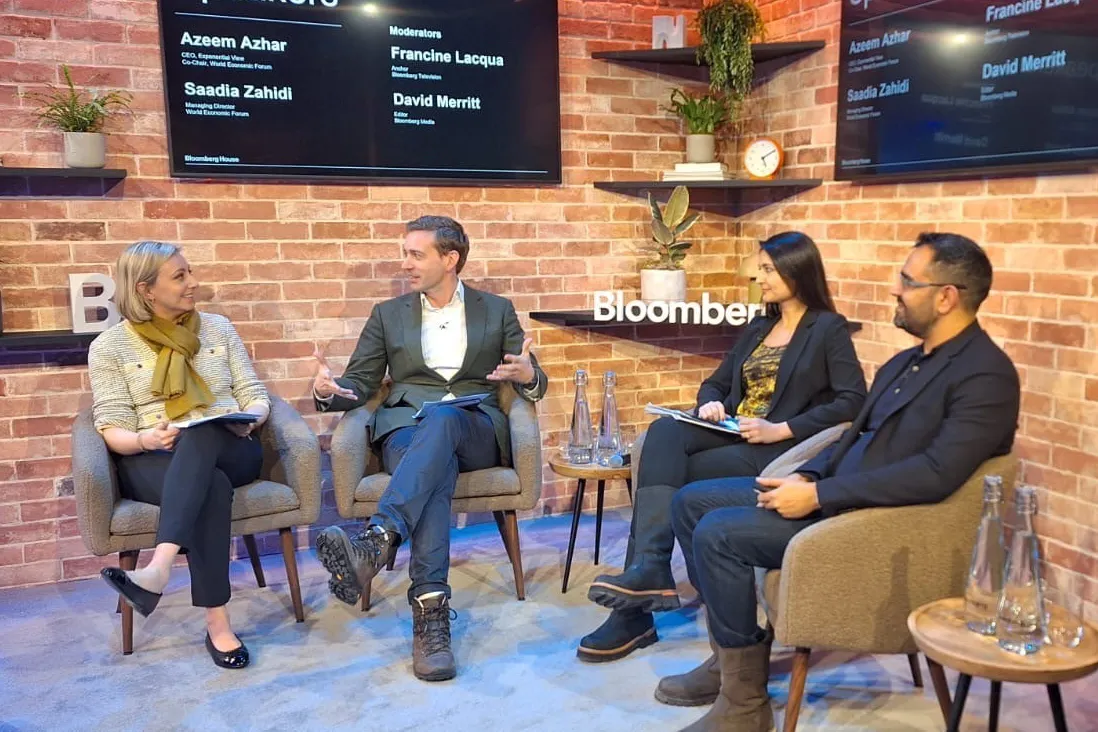 Azeem Azhar and Saadia Zahidi with Francine Lacqua and David Merritt.