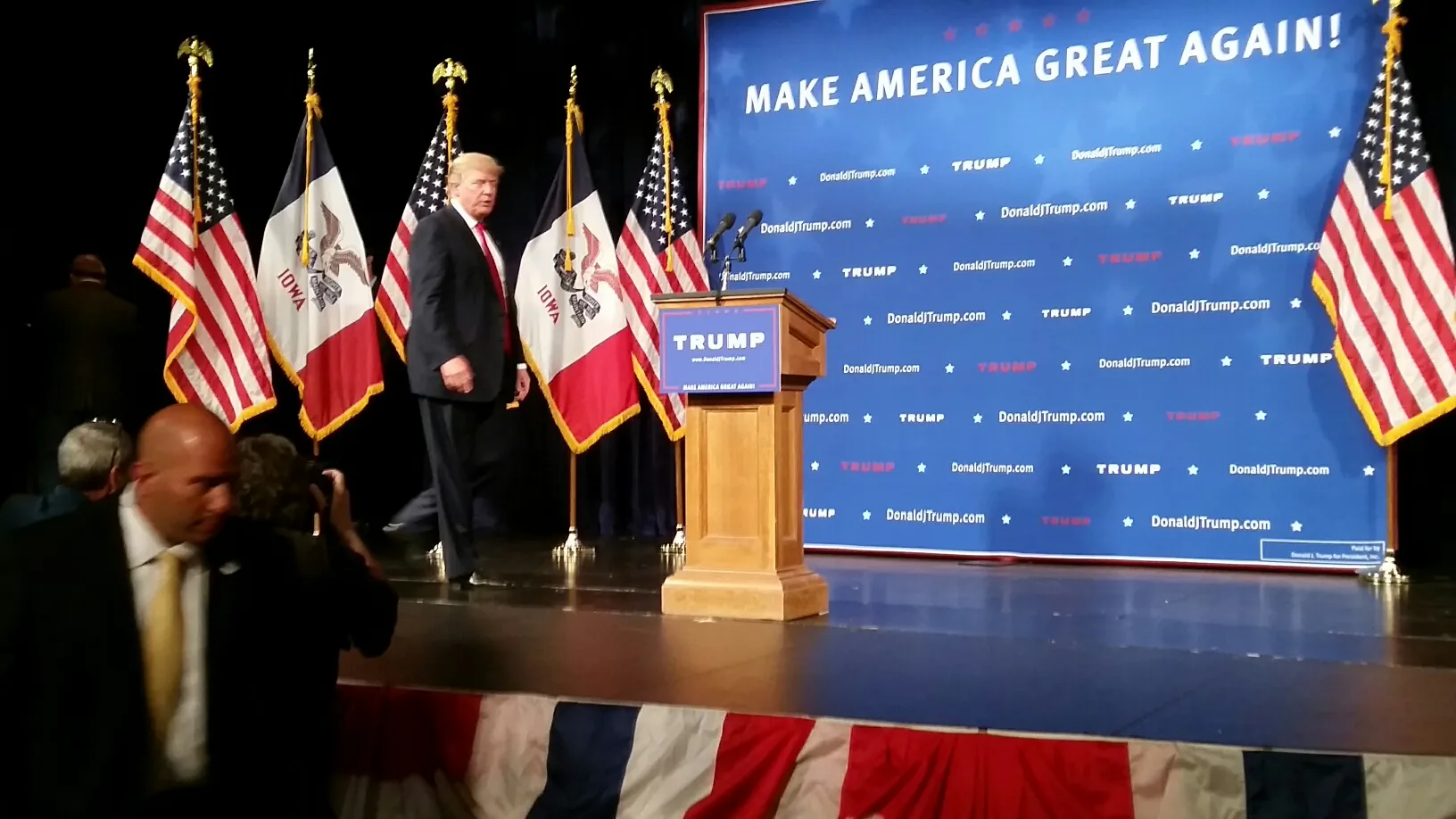 Donald Trump takes the stage in Des Moines for a campaign appearance.
