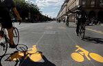 A new dedicated bike lane on the Rue de Rivoli in Paris, where Mayor Anne Hidalgo has heavily promoted bike- and pedestrian-friendly infrastructure.&nbsp;