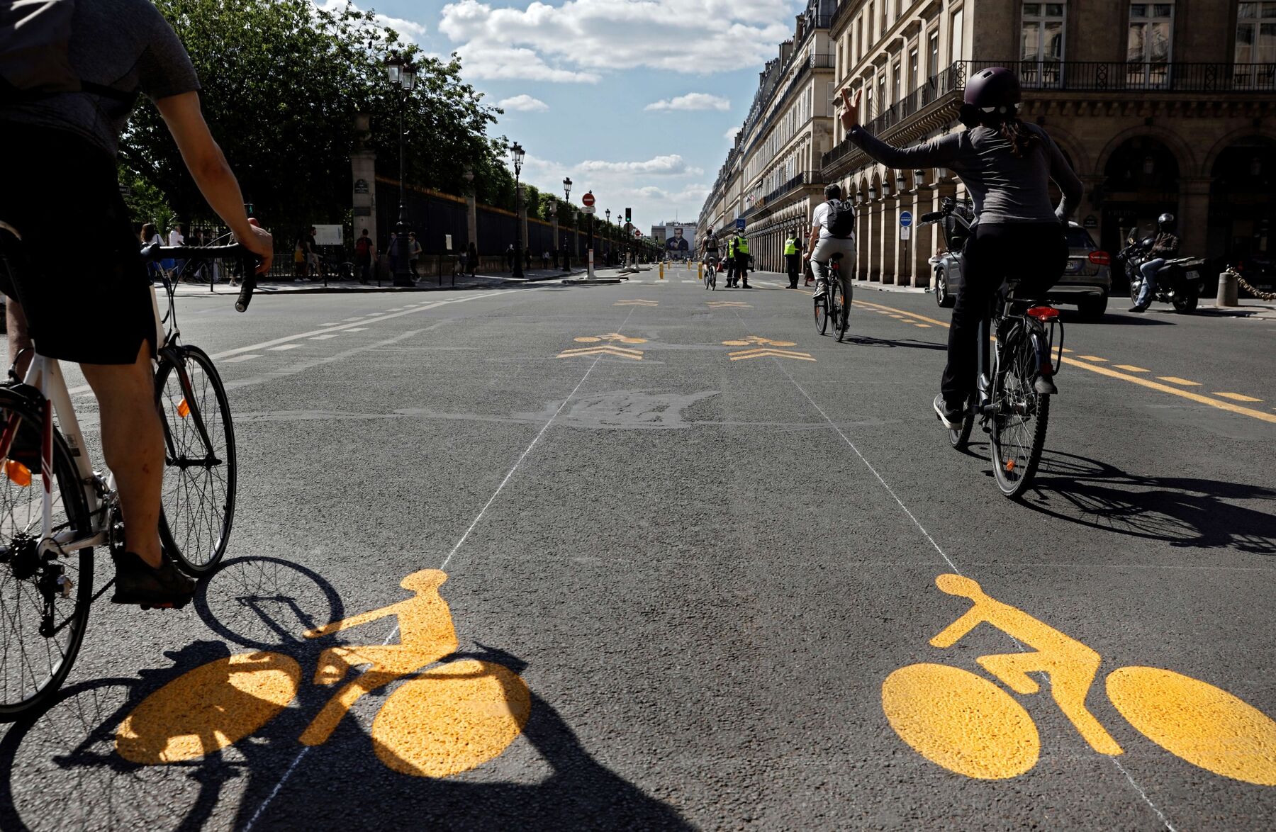 A new dedicated bike lane on the Rue de Rivoli in Paris, where Mayor Anne Hidalgo has heavily promoted bike- and pedestrian-friendly infrastructure.