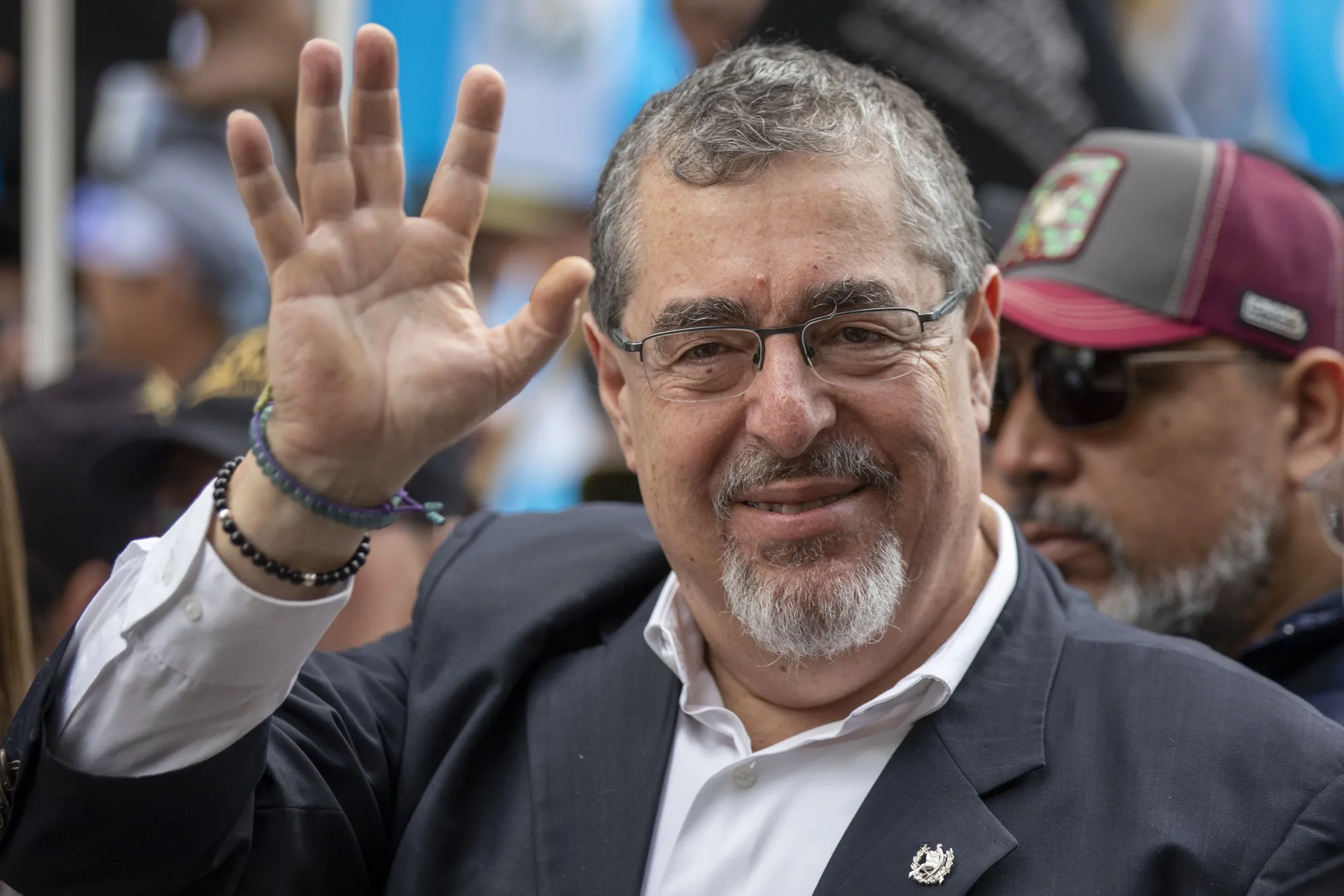 Bernardo Arevalo, Guatemala’s president-elect, greets demonstrators during a protest at the Supreme Court of Justice in Guatemala City, Guatemala, on Thursday, Dec. 7, 2023.