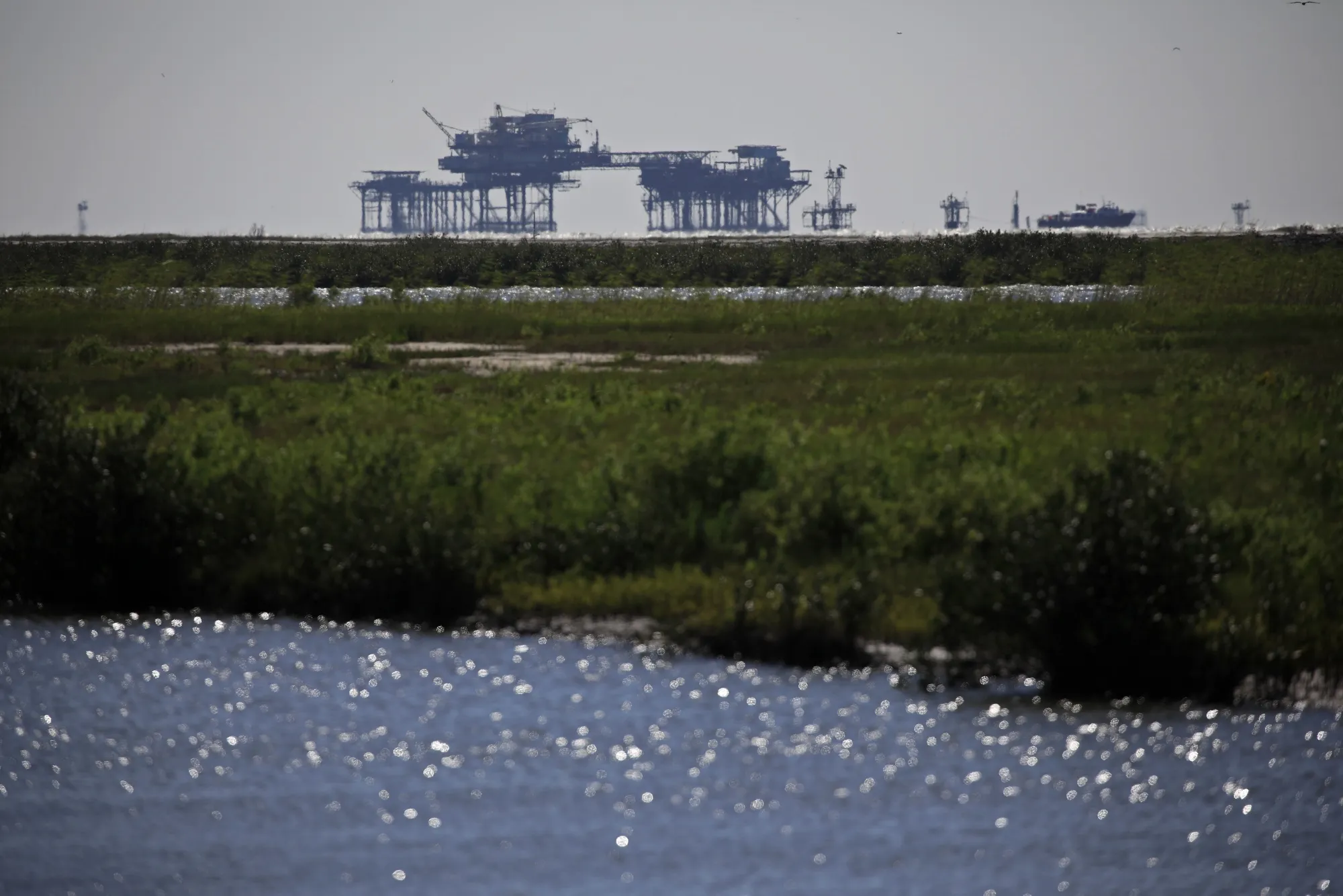 Offshore oil well platforms in the Gulf of Mexico off Port Fourchon, Louisiana.