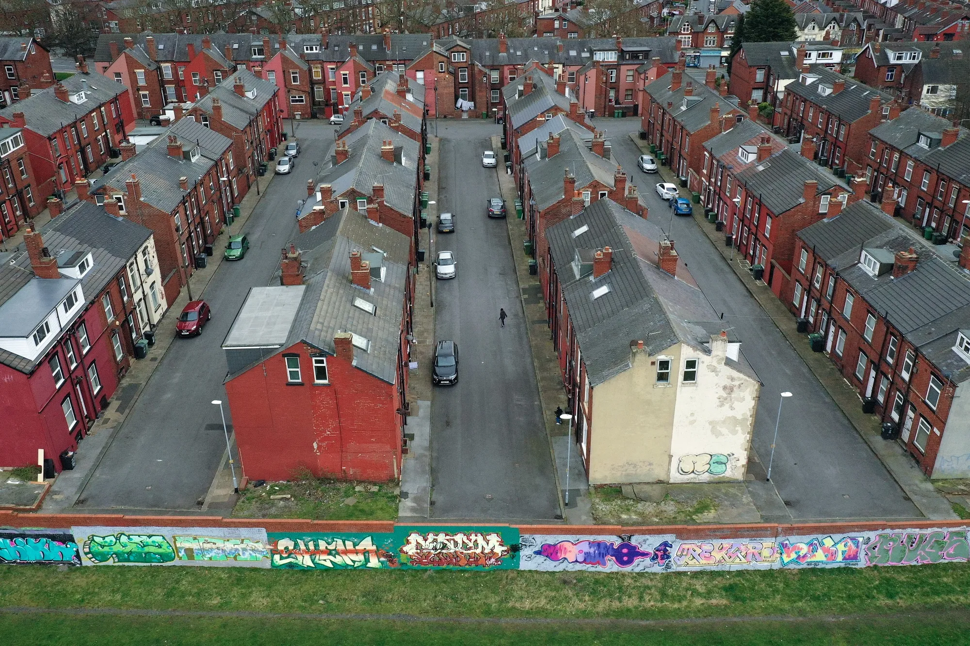 Traditional back-to-back homes in Beeston on March 19, 2021, in Leeds, UK.&nbsp;