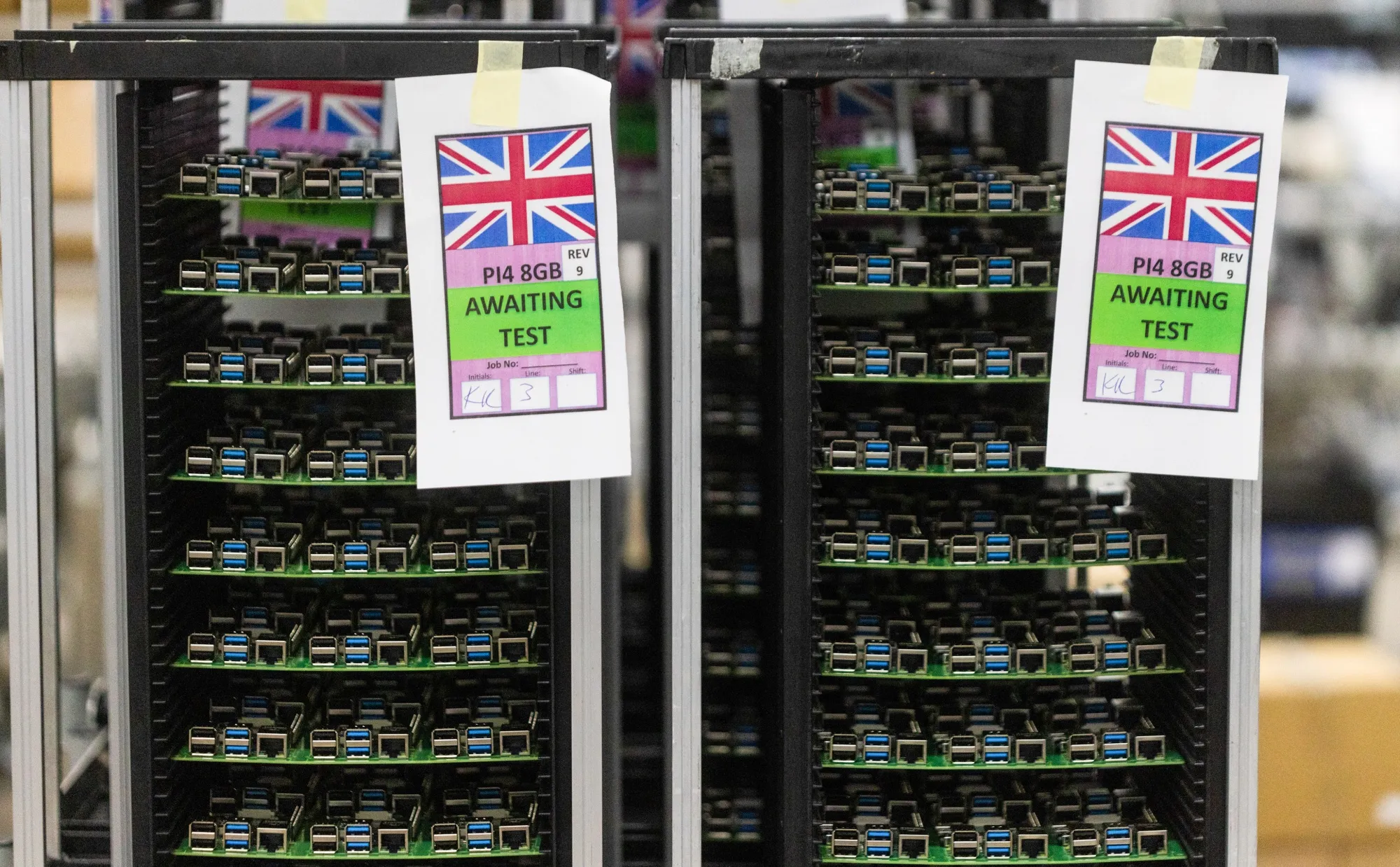 Raspberry Pi personal computers ready for testing on the production line in Pencoed, UK.