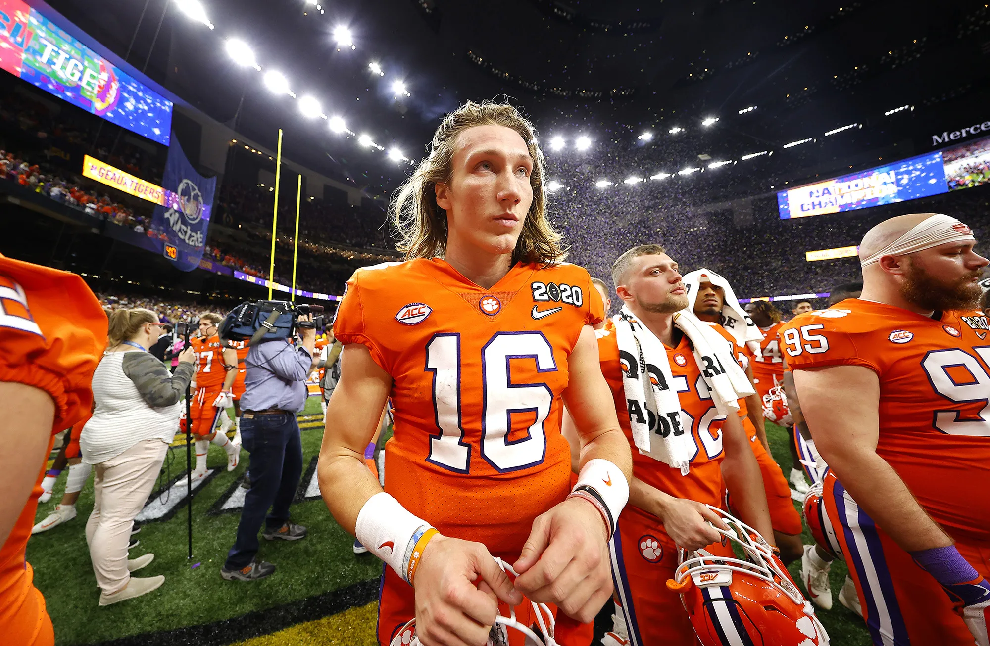 Trevor Lawrence #16 of the Clemson Tigers walks off the field after a game in New Orleans, on Jan. 13.