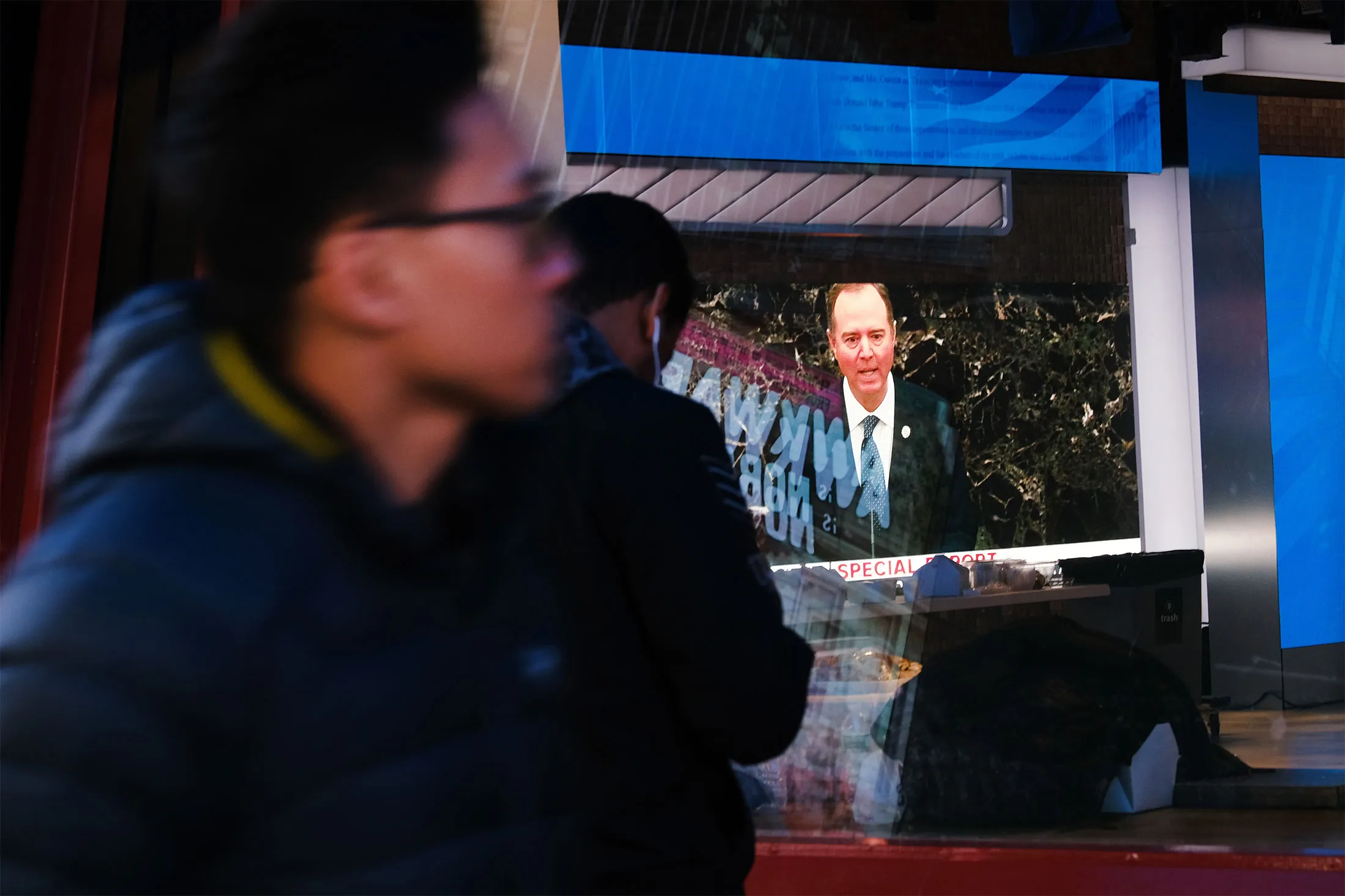 A television screen displays the Senate impeachment trial&nbsp;in New York City on&nbsp;Jan. 22.