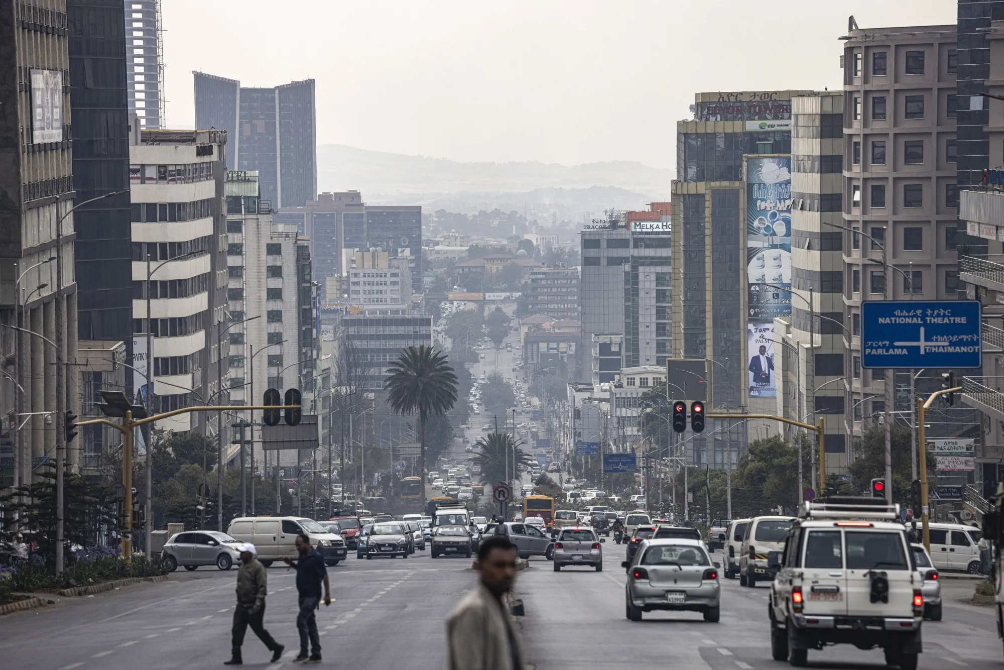 Traffic along a main road in central Addis Ababa, Ethiopia.