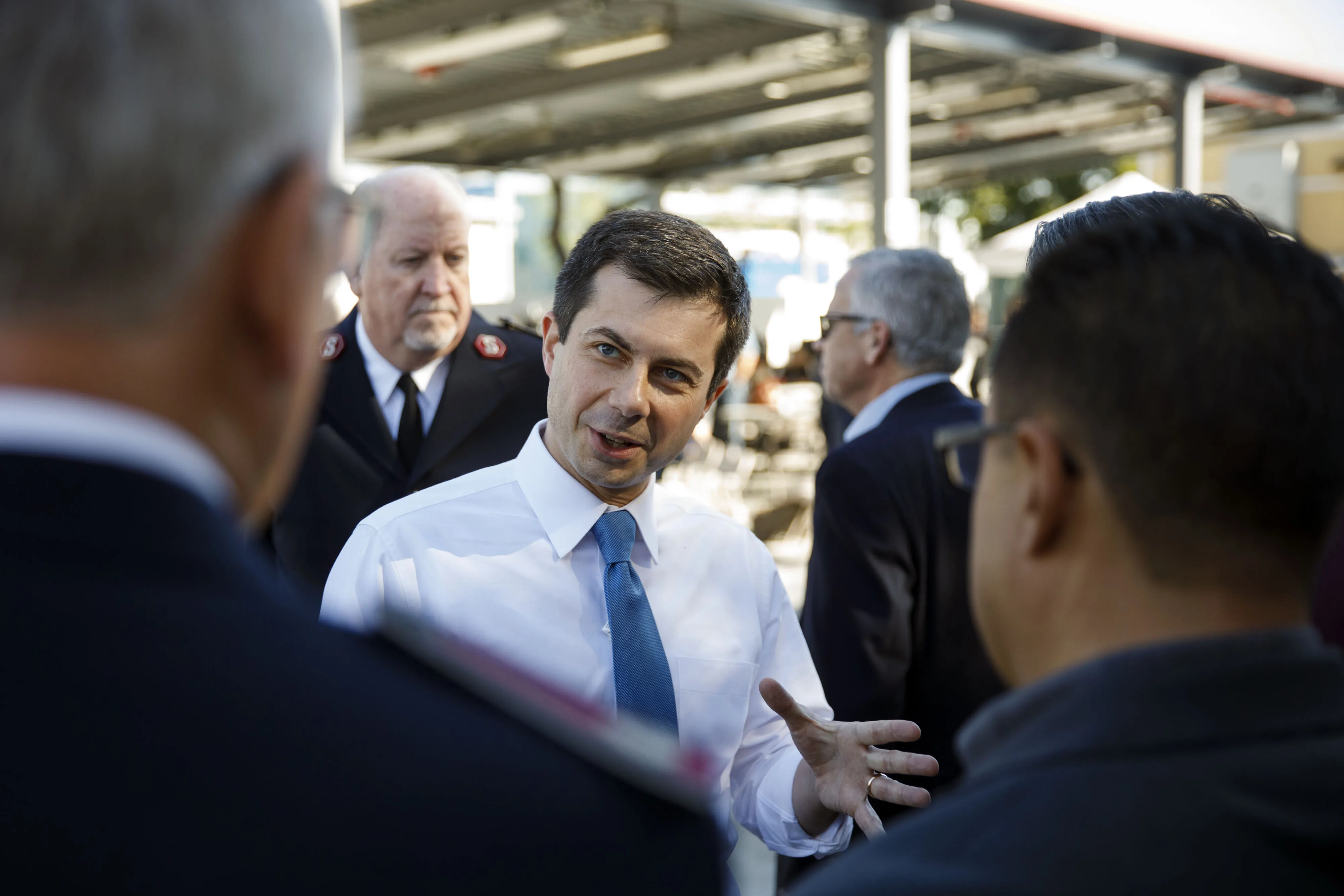 Pete Buttigieg speaks during a tour of the A Bridge Home interim housing for the homeless center in Los Angeles on Jan. 10.