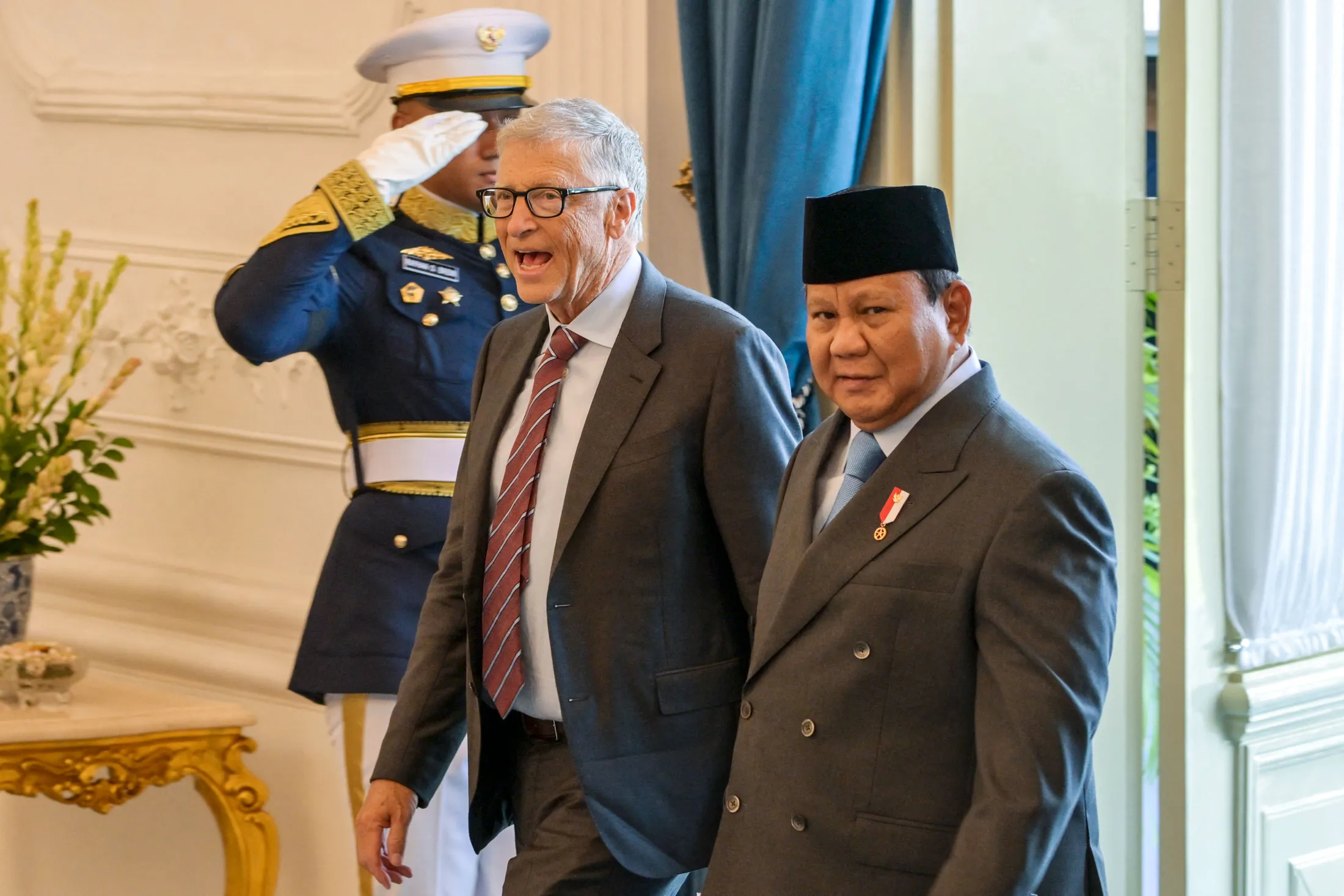 Bill Gates, left, and Prabowo Subianto in Jakarta on May 7.