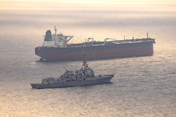 USS Rafael Peralta during US blockade operations near an Iranian-flagged ship on, April 24.