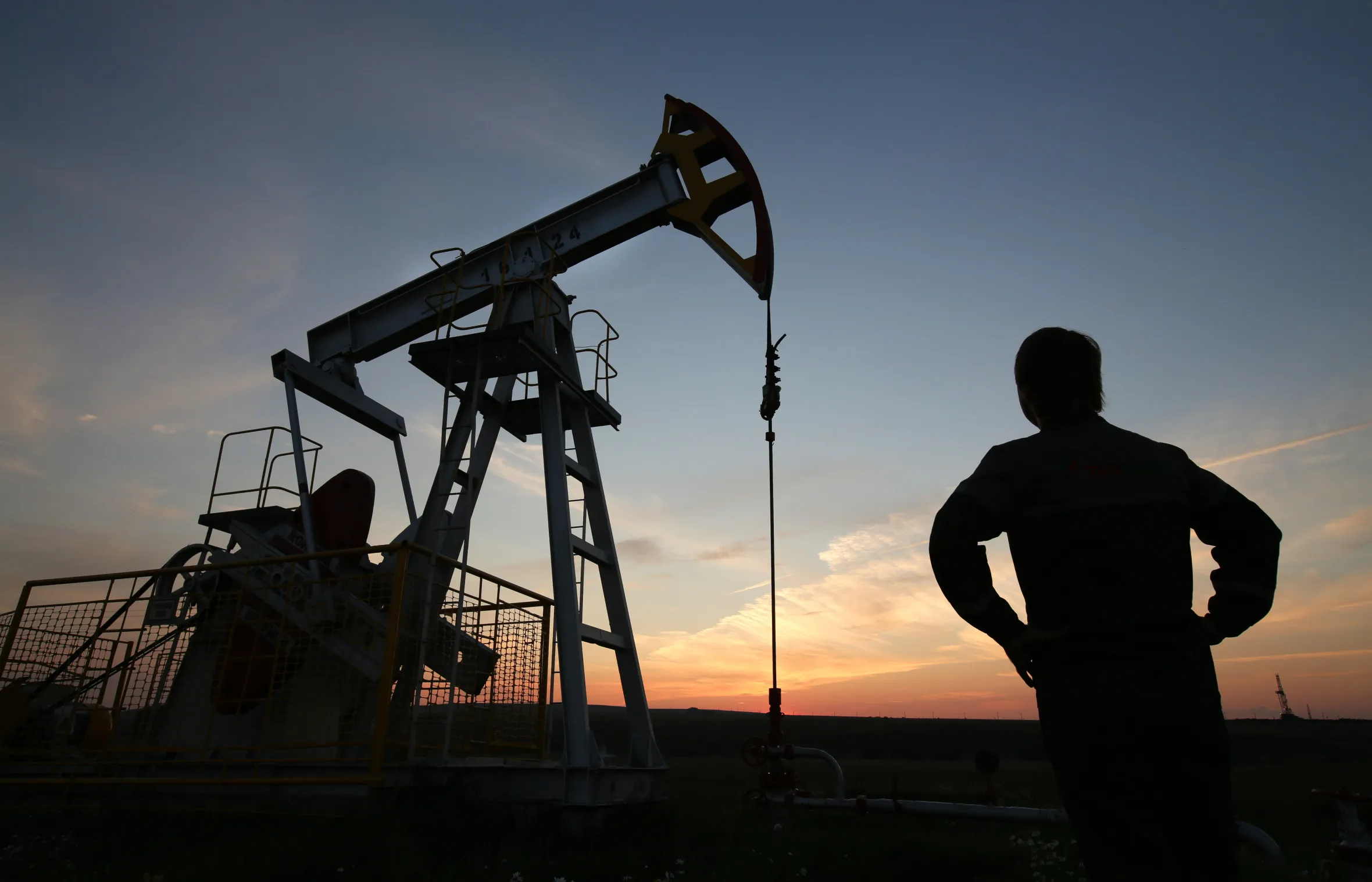 An oil pumping unit at a drilling site&nbsp;near Almetyevsk, Russia.