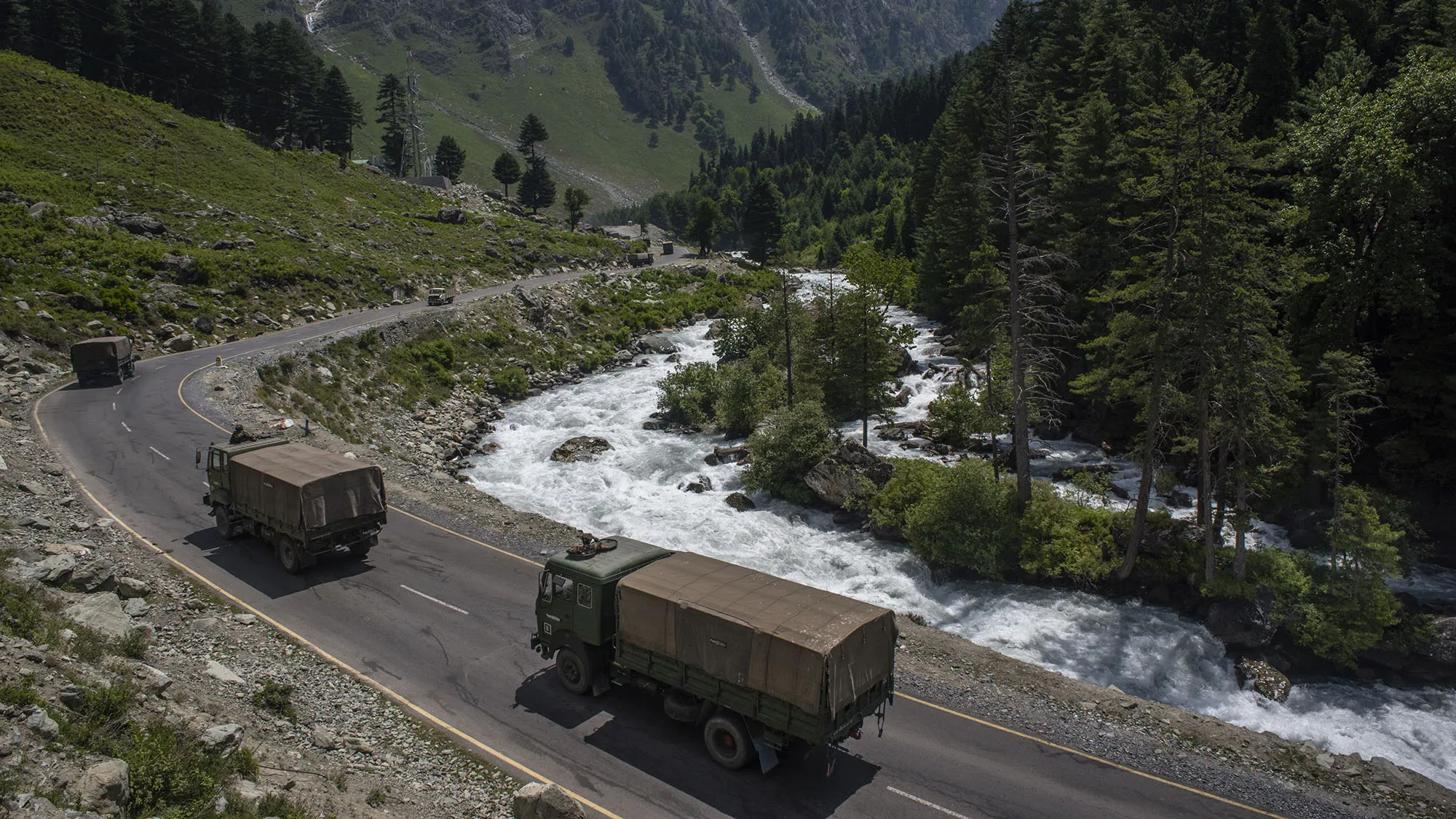 An Indian army convoy drives towards Leh, bordering China in Gagangir, India.